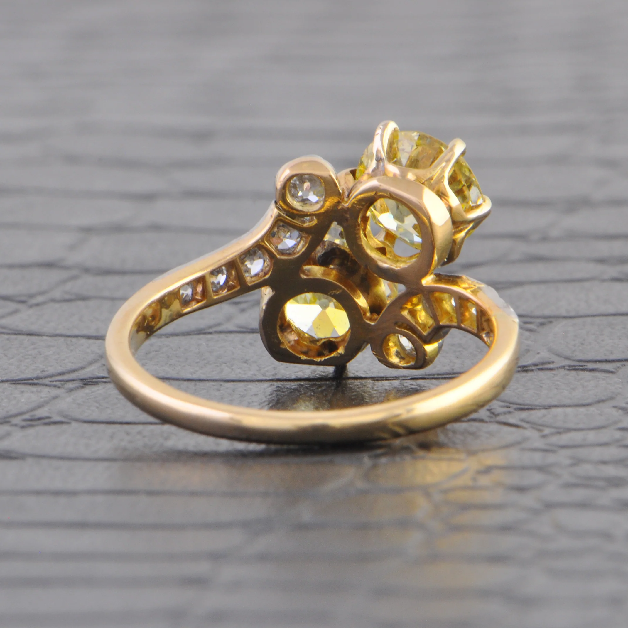 Antique Platinum-Topped 14k Yellow Gold Bypass Ring with 2.37 Carat Fancy Yellow Old European Cut Diamonds - Image 3