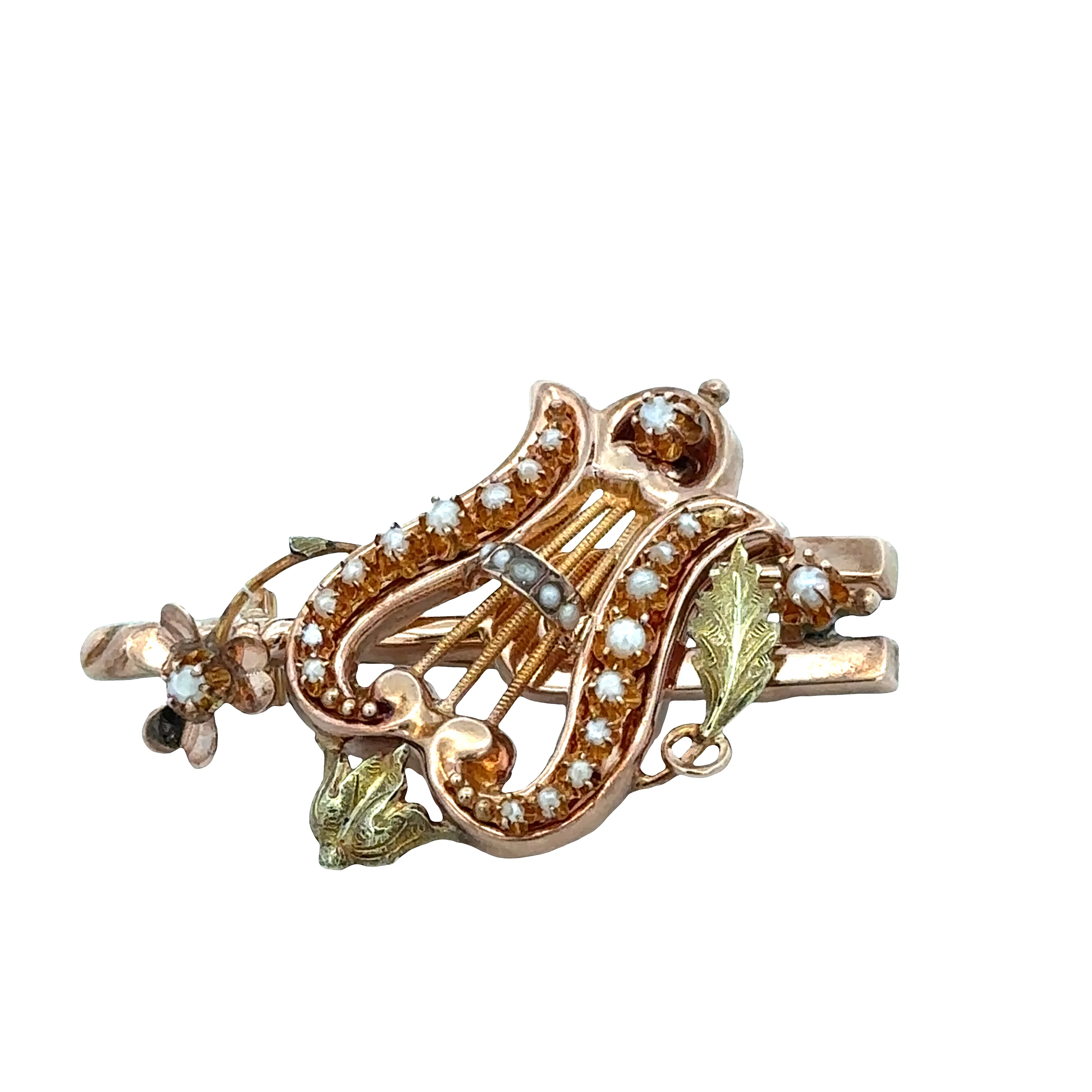 Antique Victorian 12–13 Karat Rose & Green Gold Lyre Brooch – Circa 1890s