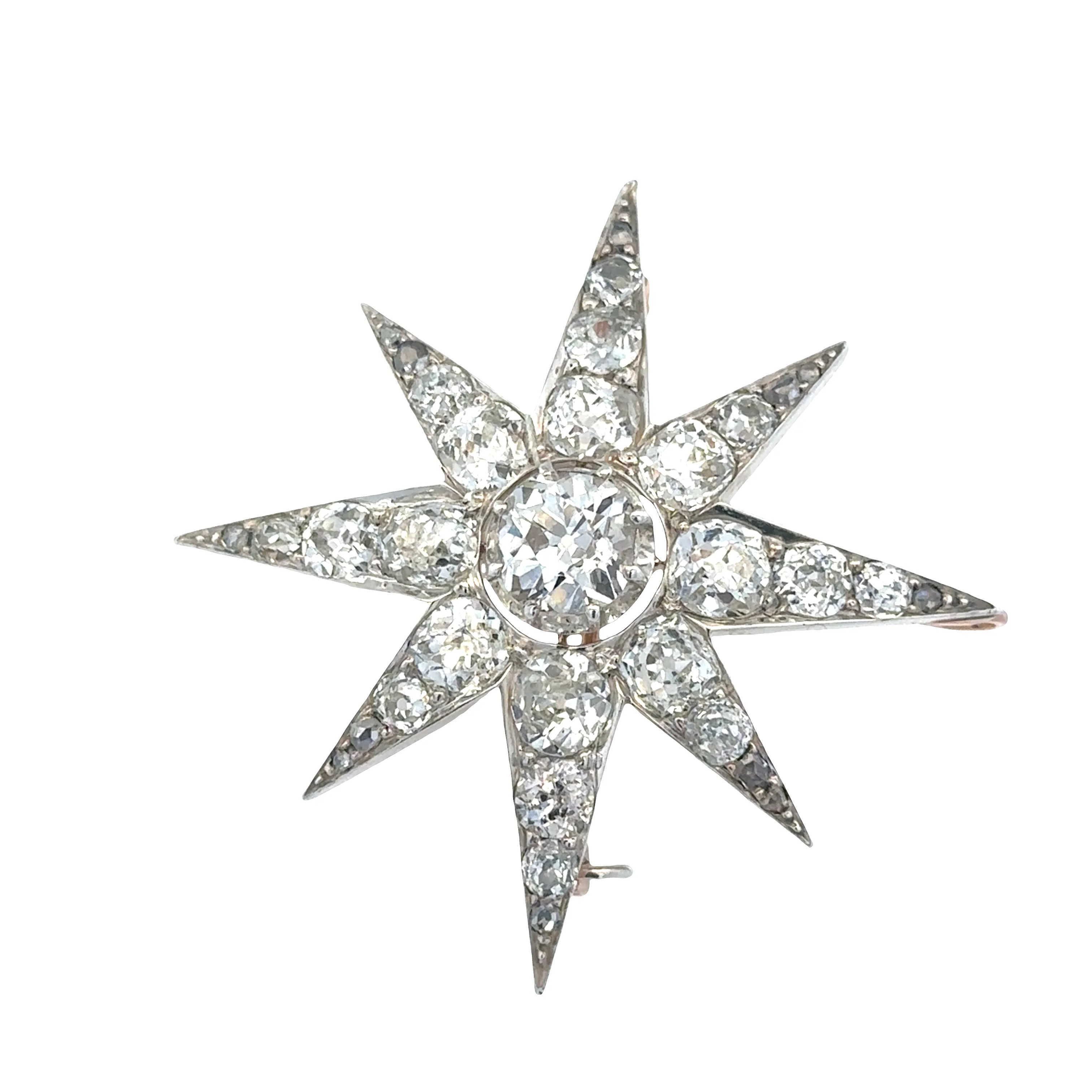 Antique Victorian 12k Rose & White Gold Diamond Star Brooch – Circa 1890s