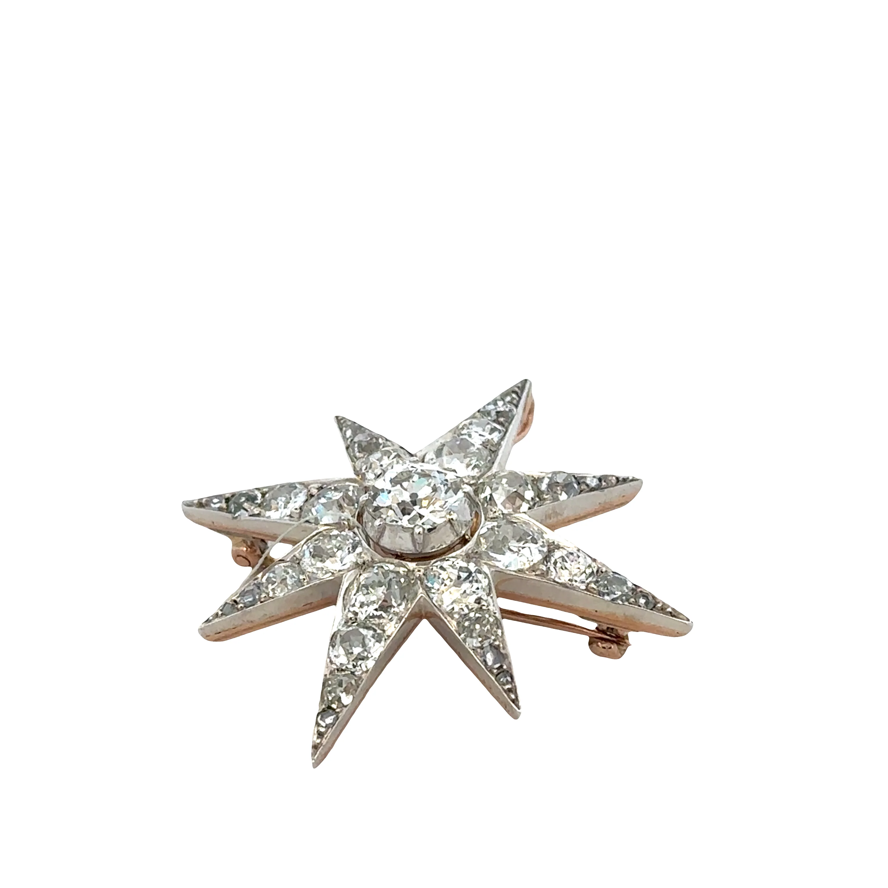 Antique Victorian 12k Rose & White Gold Diamond Star Brooch – Circa 1890s - Image 4