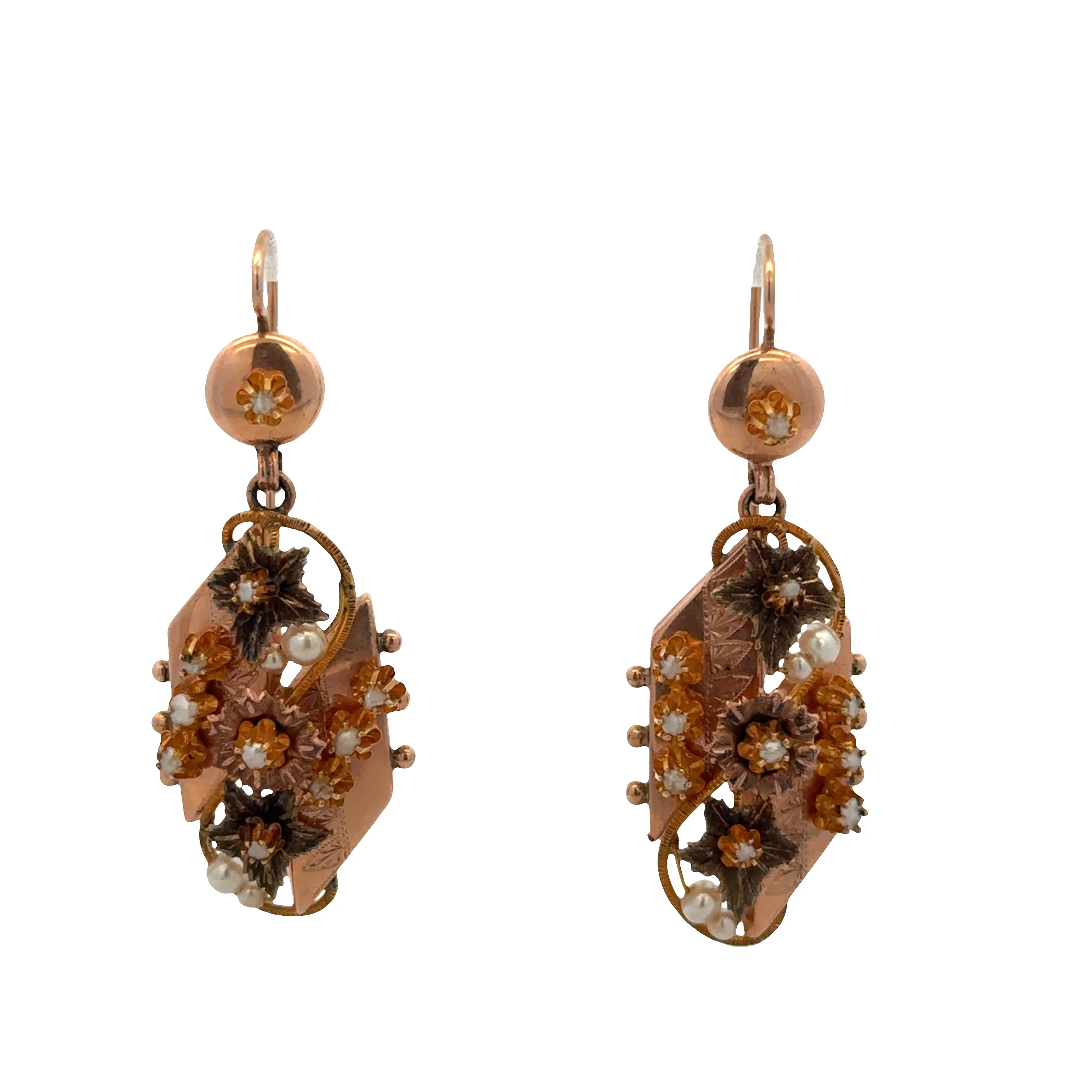 Antique Victorian 12k Rose & Yellow Gold Seed Pearl Dangle Earrings – Circa 1890s