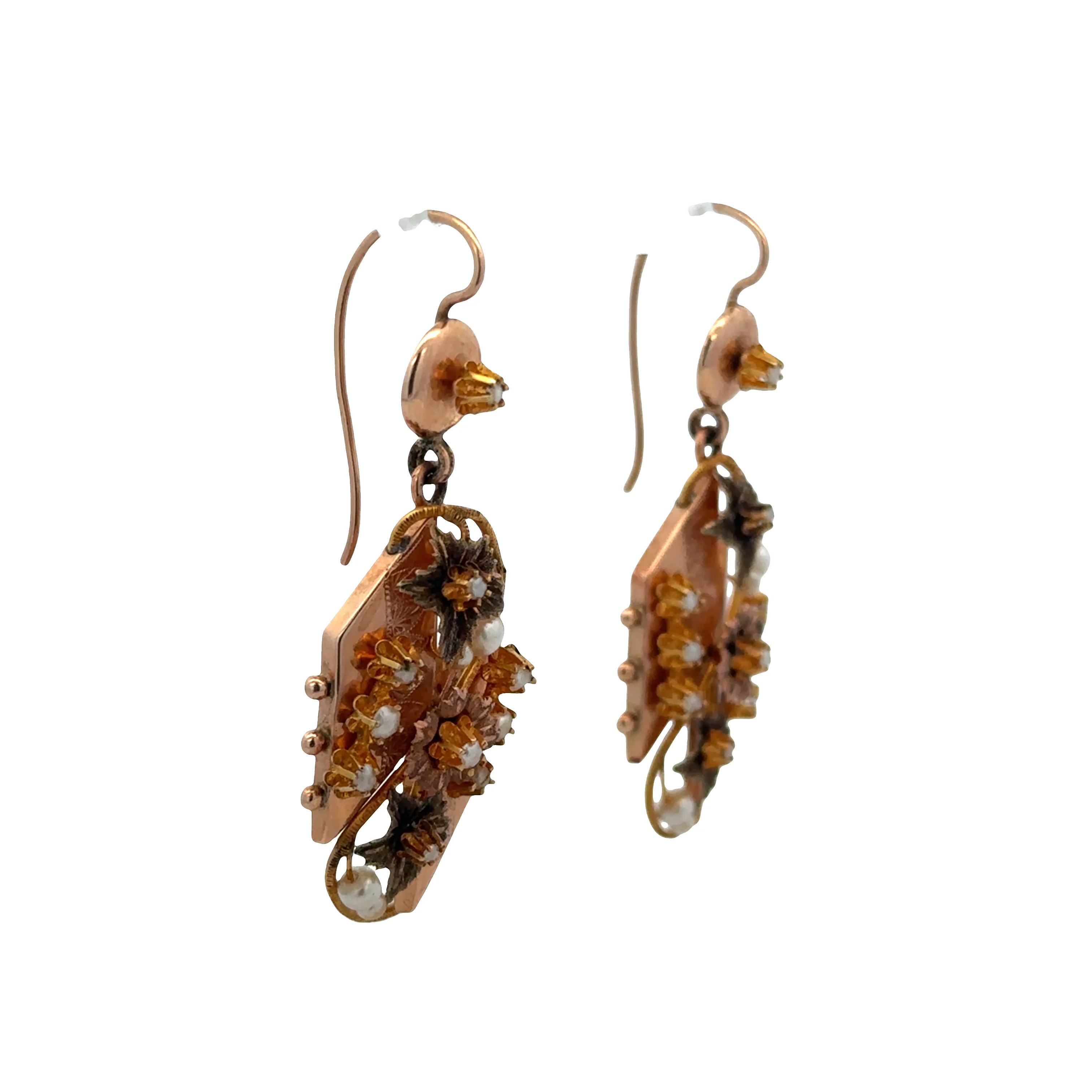 Antique Victorian 12k Rose & Yellow Gold Seed Pearl Dangle Earrings – Circa 1890s - Image 2
