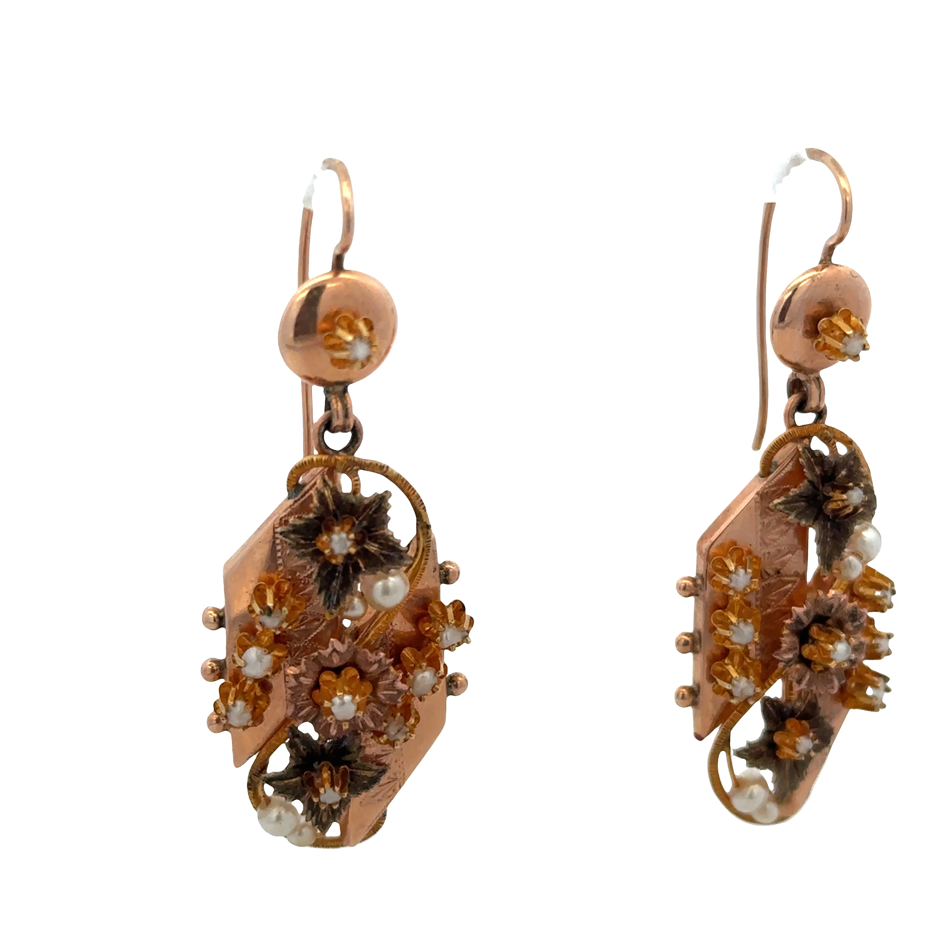 Antique Victorian 12k Rose & Yellow Gold Seed Pearl Dangle Earrings – Circa 1890s - Image 3