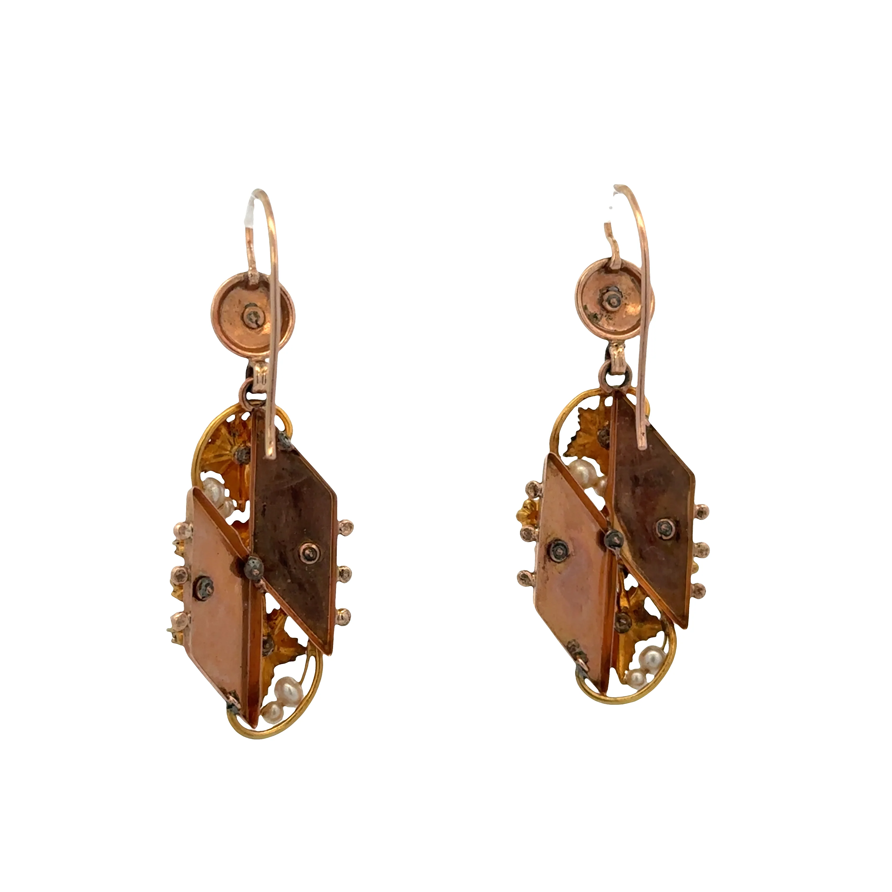 Antique Victorian 12k Rose & Yellow Gold Seed Pearl Dangle Earrings – Circa 1890s - Image 4