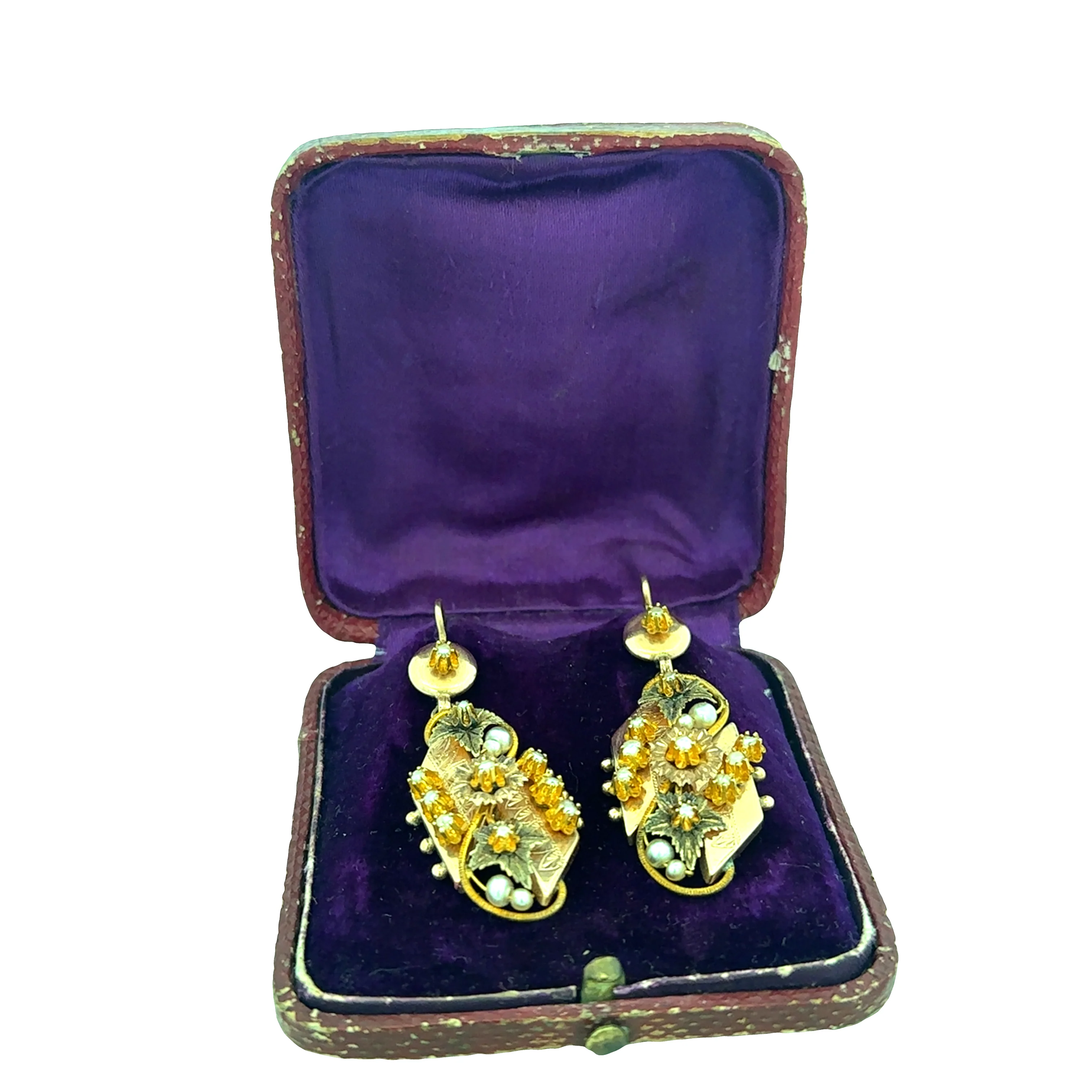 Antique Victorian 12k Rose & Yellow Gold Seed Pearl Dangle Earrings – Circa 1890s - Image 5