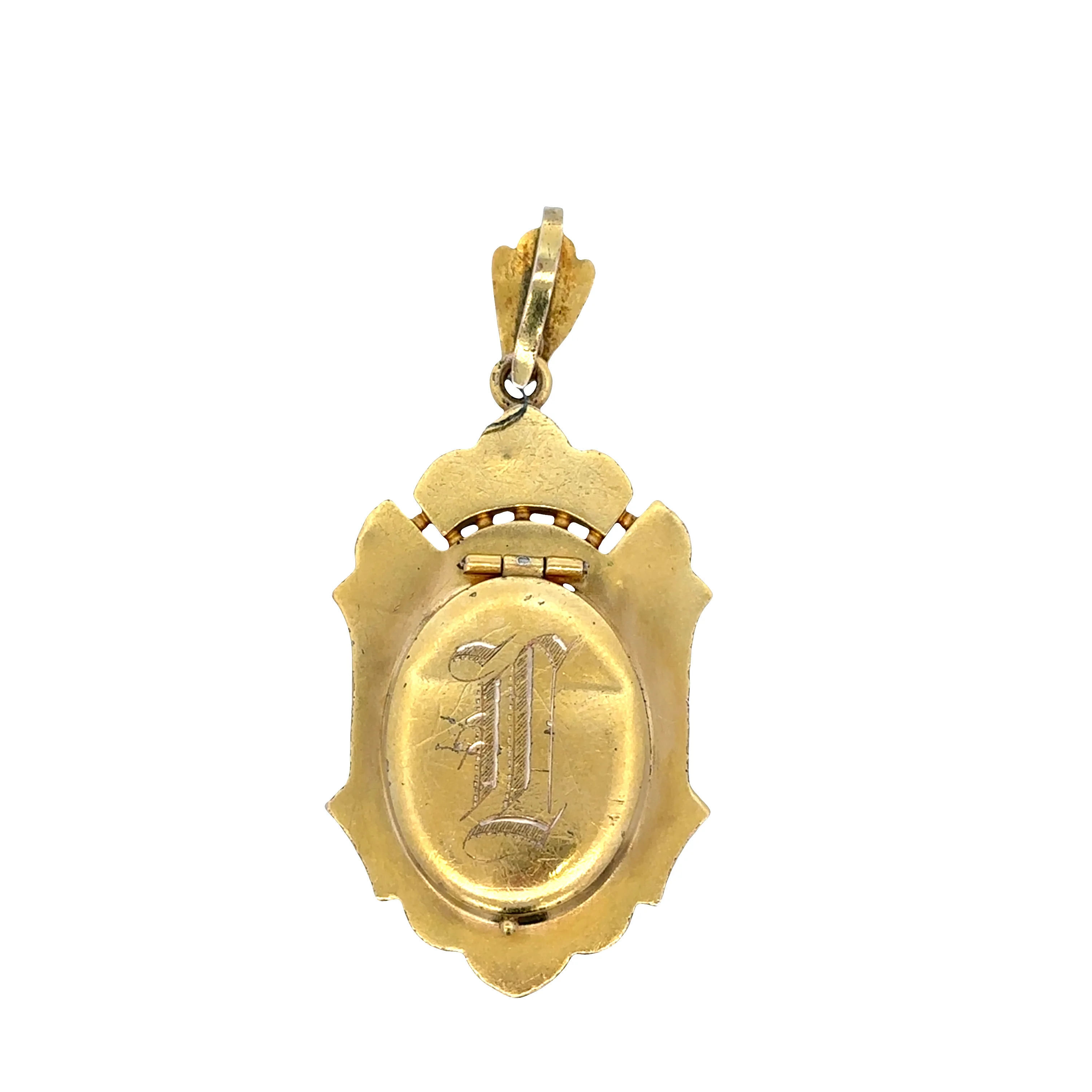 Antique Victorian 14K Yellow Gold Memento Pendant with Seed Pearls, Turquoise & Hair Memento – Shield Design, Circa 19th Century - Image 2