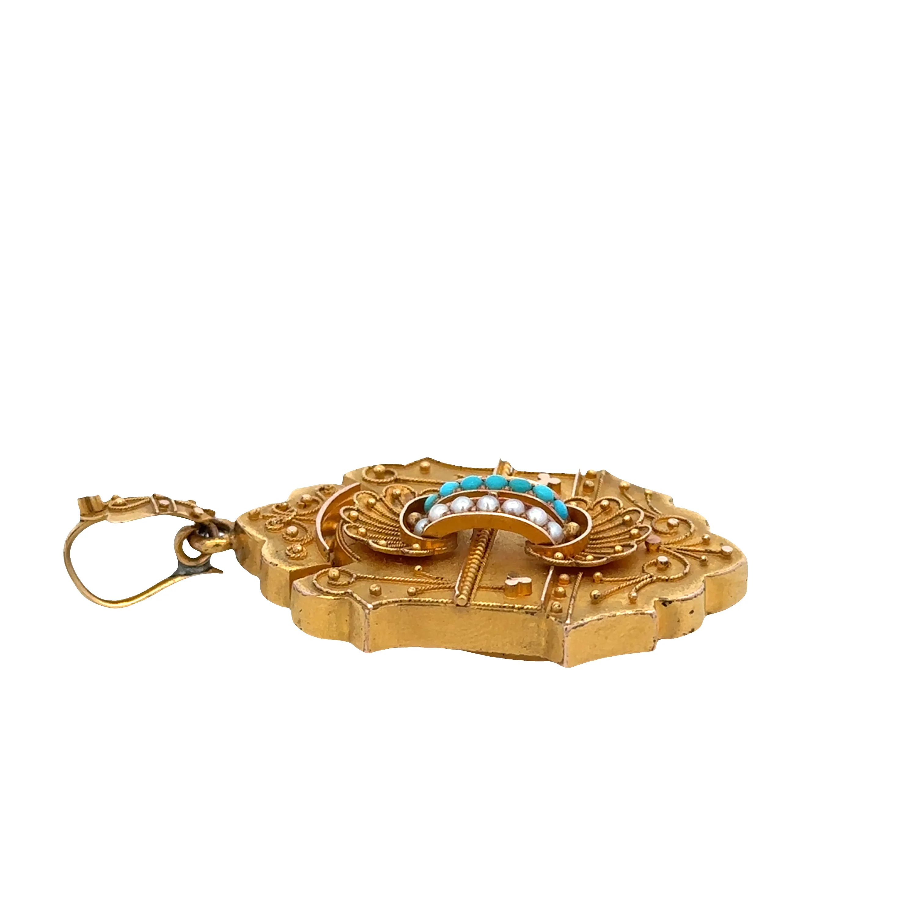 Antique Victorian 14K Yellow Gold Memento Pendant with Seed Pearls, Turquoise & Hair Memento – Shield Design, Circa 19th Century - Image 3