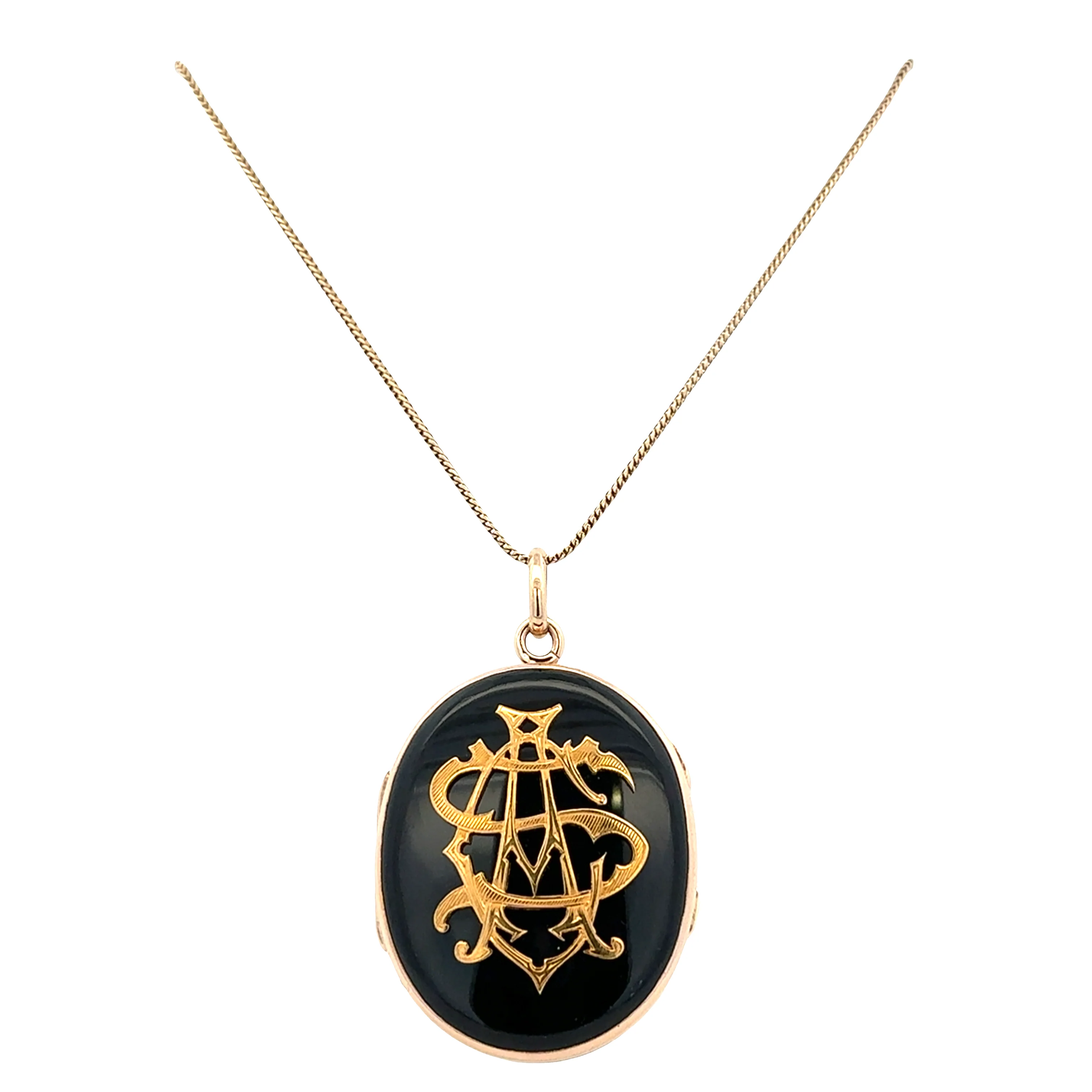 Antique Victorian 14k Yellow Gold Onyx Mourning Locket Necklace – 16"