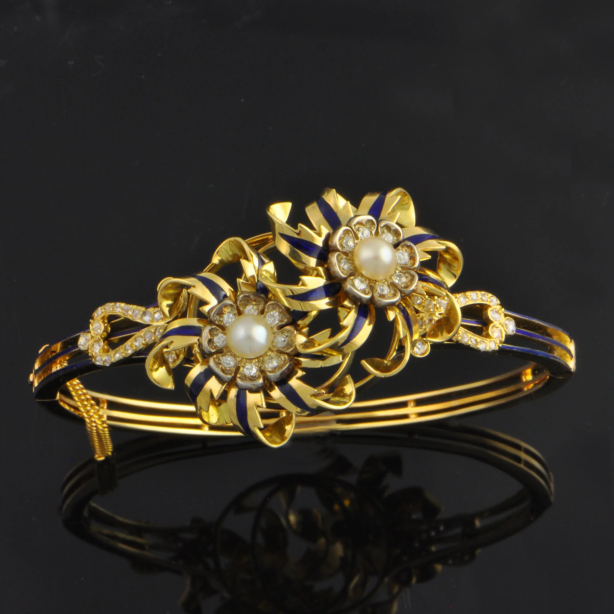 Antique Victorian 18k Yellow Gold & Silver Blue Enamel Bangle with Pearls and Rose Cut Diamonds
