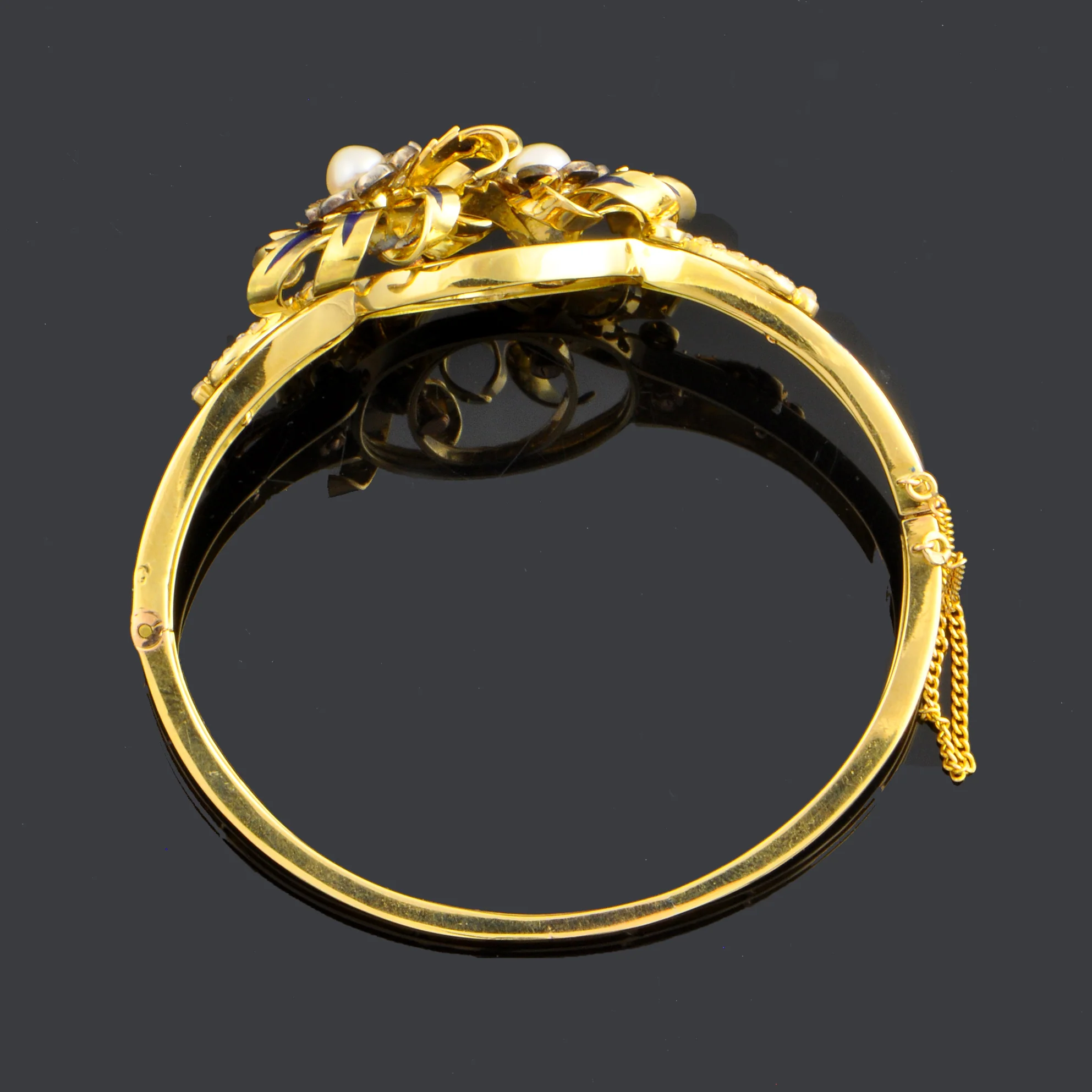 Antique Victorian 18k Yellow Gold & Silver Blue Enamel Bangle with Pearls and Rose Cut Diamonds - Image 2