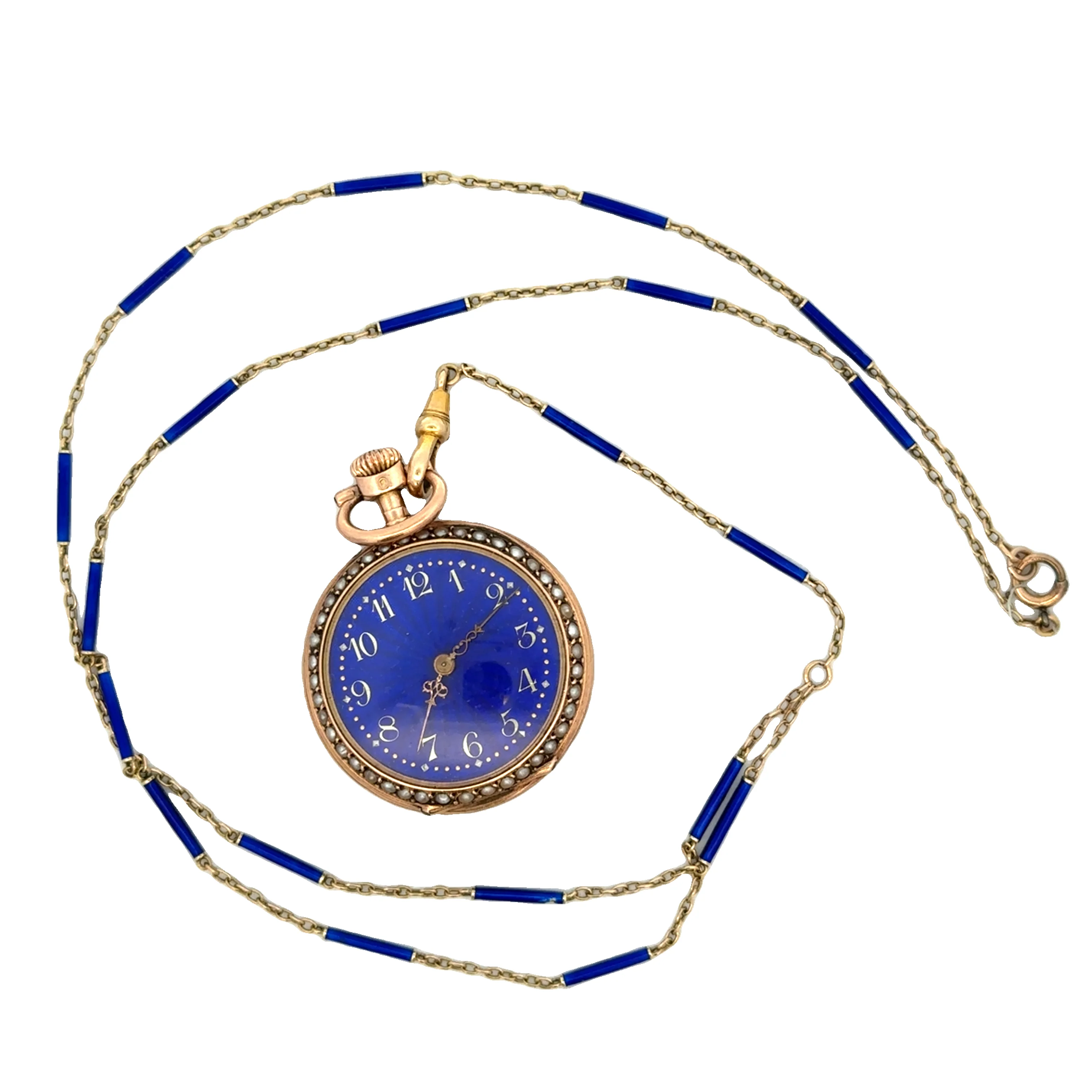 Antique Victorian Enameled Pocket Watch and Chain in Yellow Gold