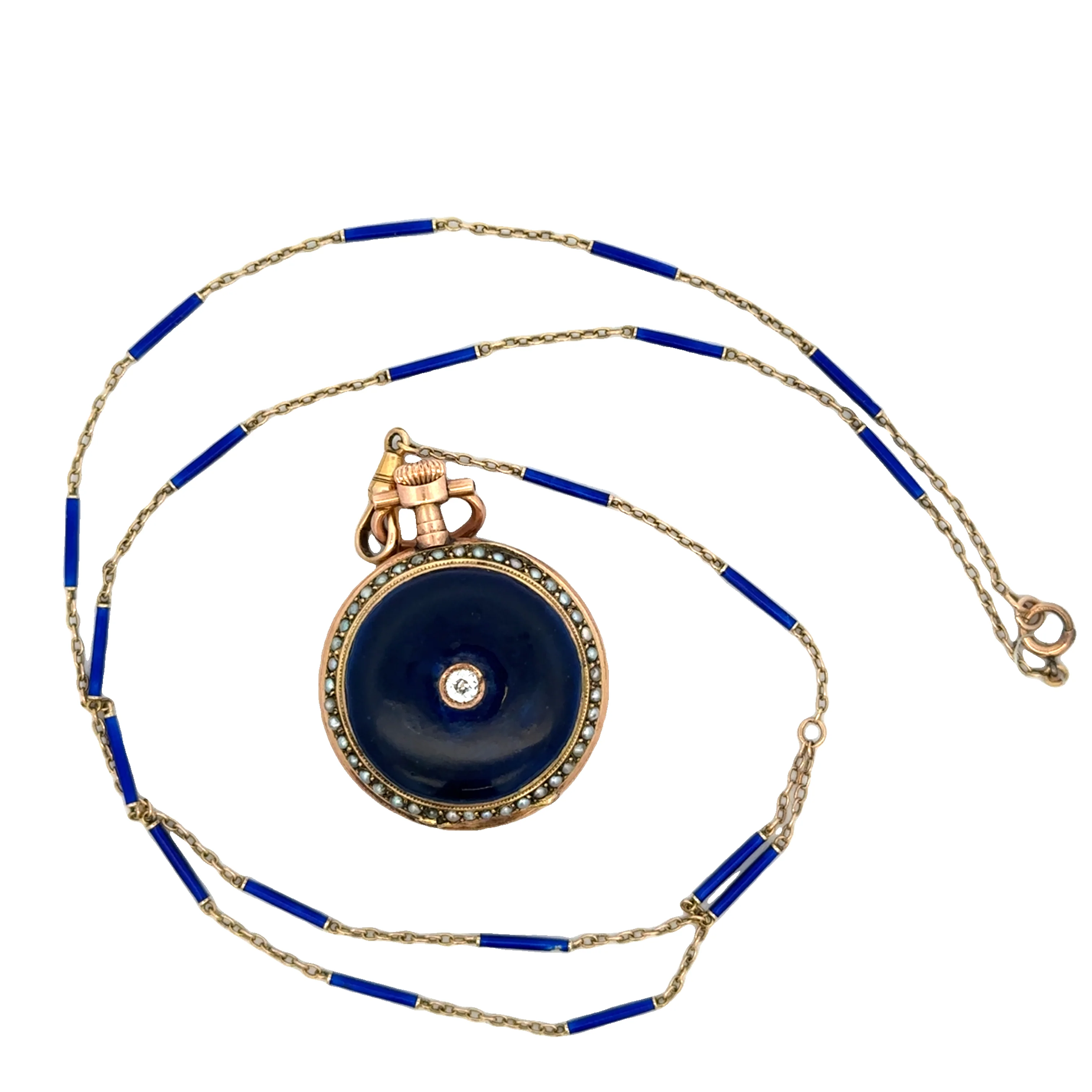Antique Victorian Enameled Pocket Watch and Chain in Yellow Gold - Image 2