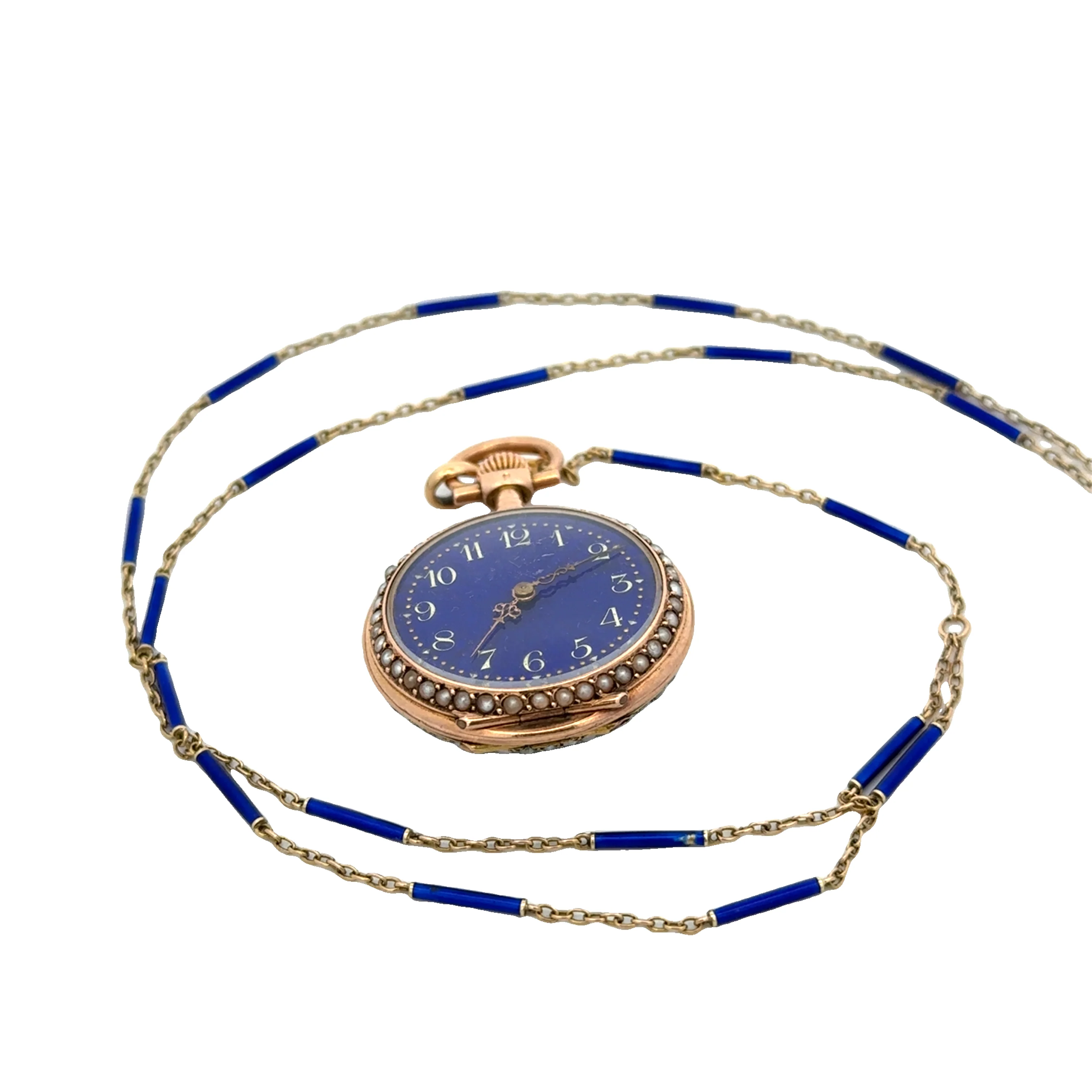 Antique Victorian Enameled Pocket Watch and Chain in Yellow Gold - Image 3