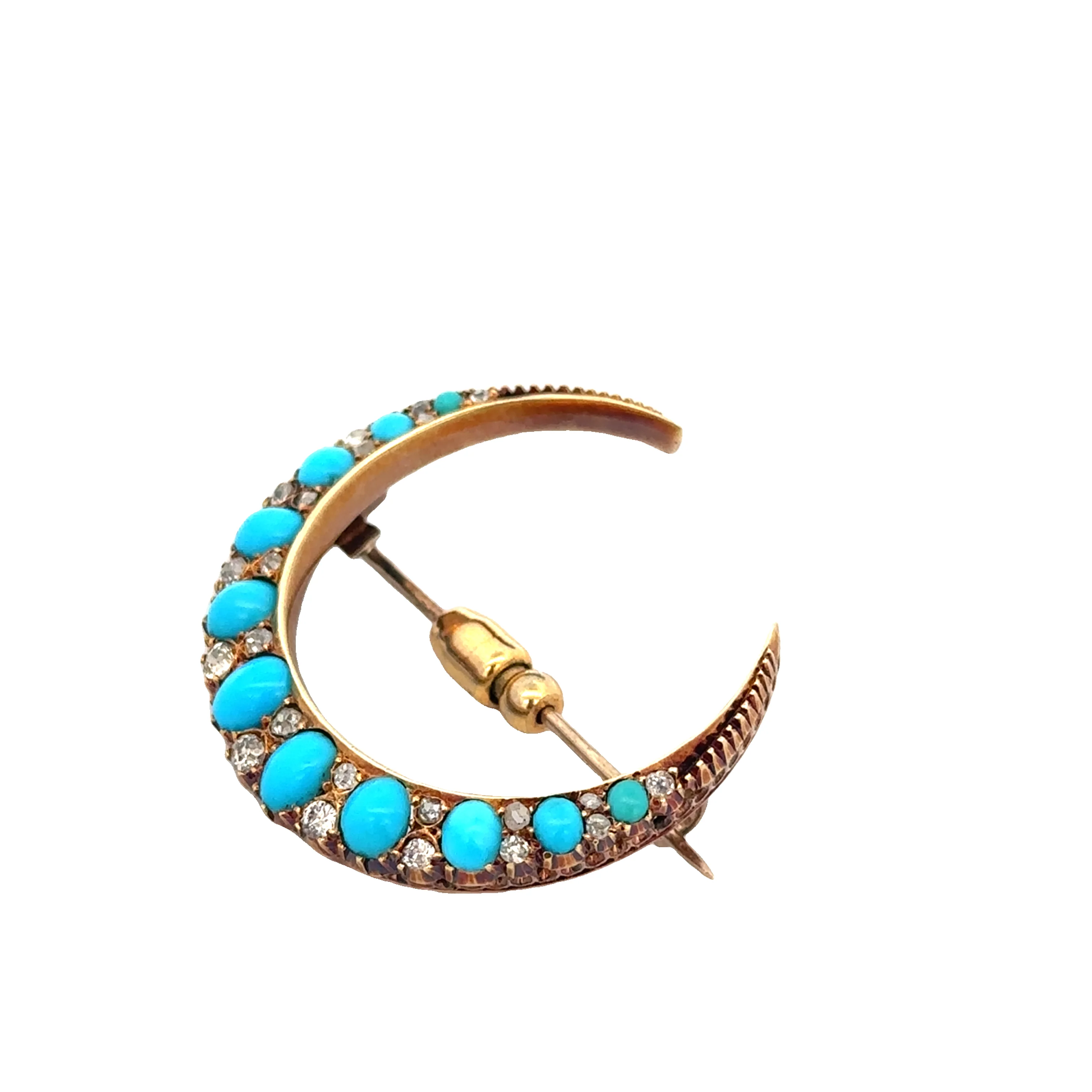 Antique Victorian Turquoise and Old Mine Cut Diamond Crescent Brooch in Yellow Gold - Image 3