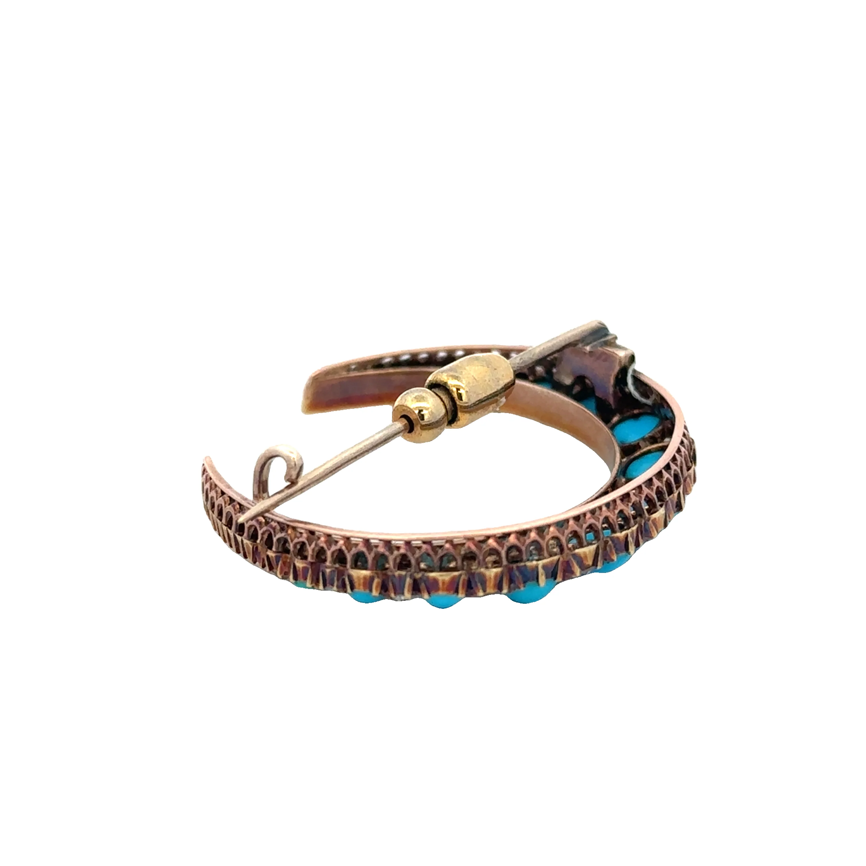 Antique Victorian Turquoise and Old Mine Cut Diamond Crescent Brooch in Yellow Gold - Image 4