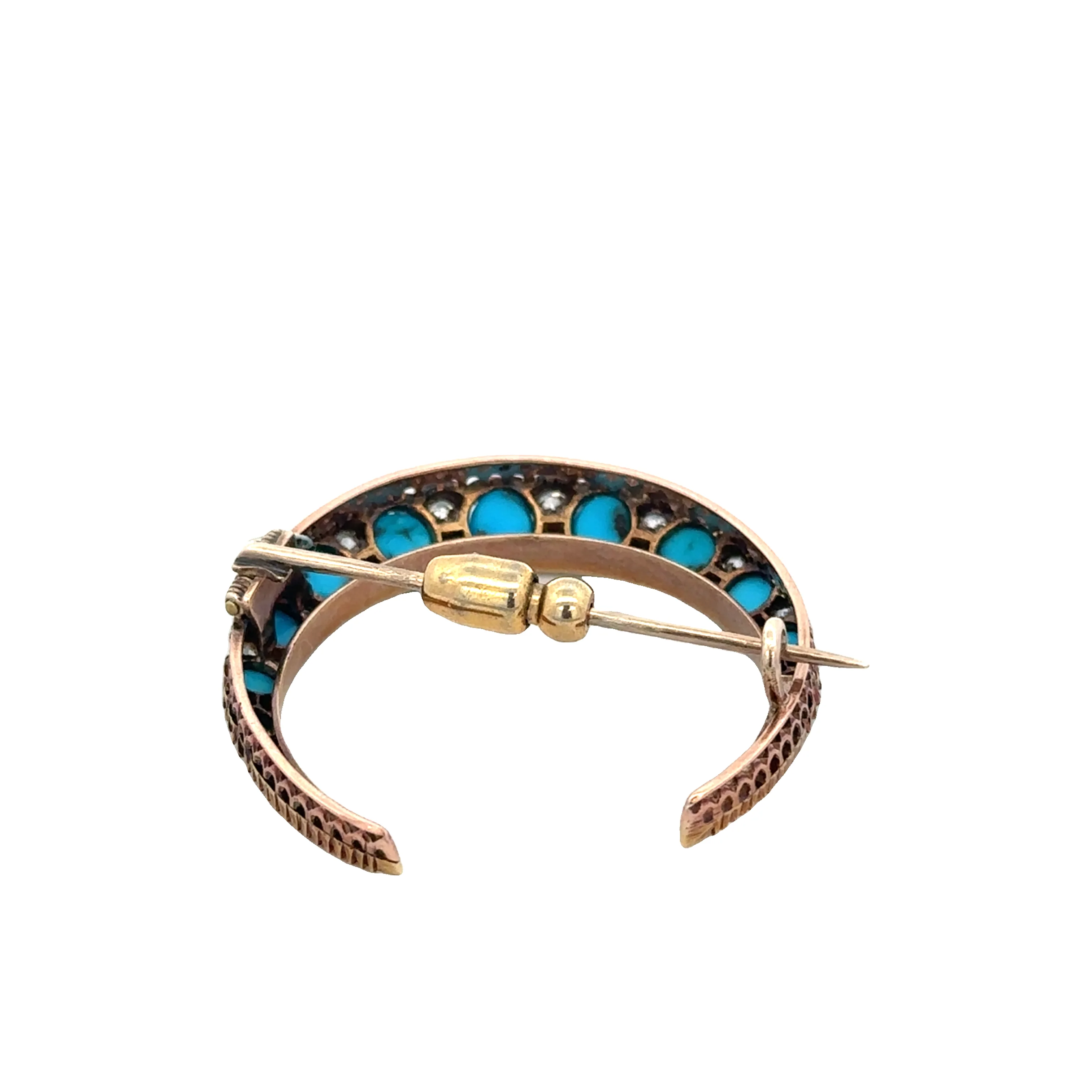 Antique Victorian Turquoise and Old Mine Cut Diamond Crescent Brooch in Yellow Gold - Image 5