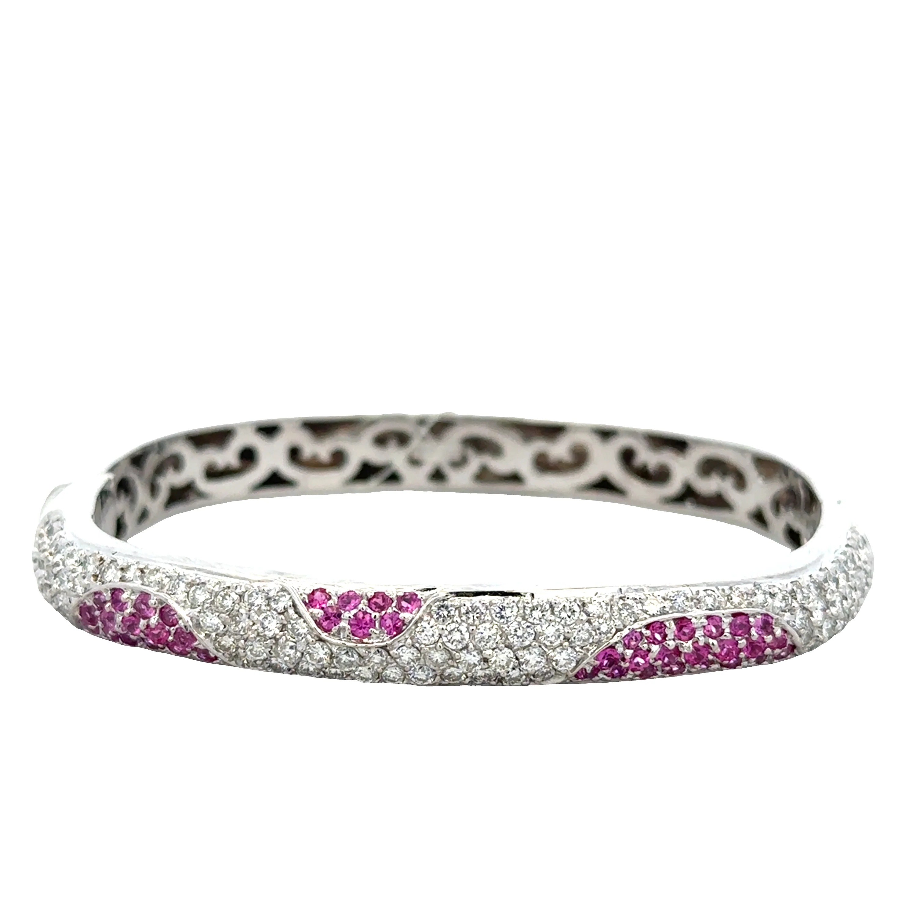 Estate 18k White Gold Pink Sapphire & Diamond Bangle – Fits 6"–6.75" Wrist