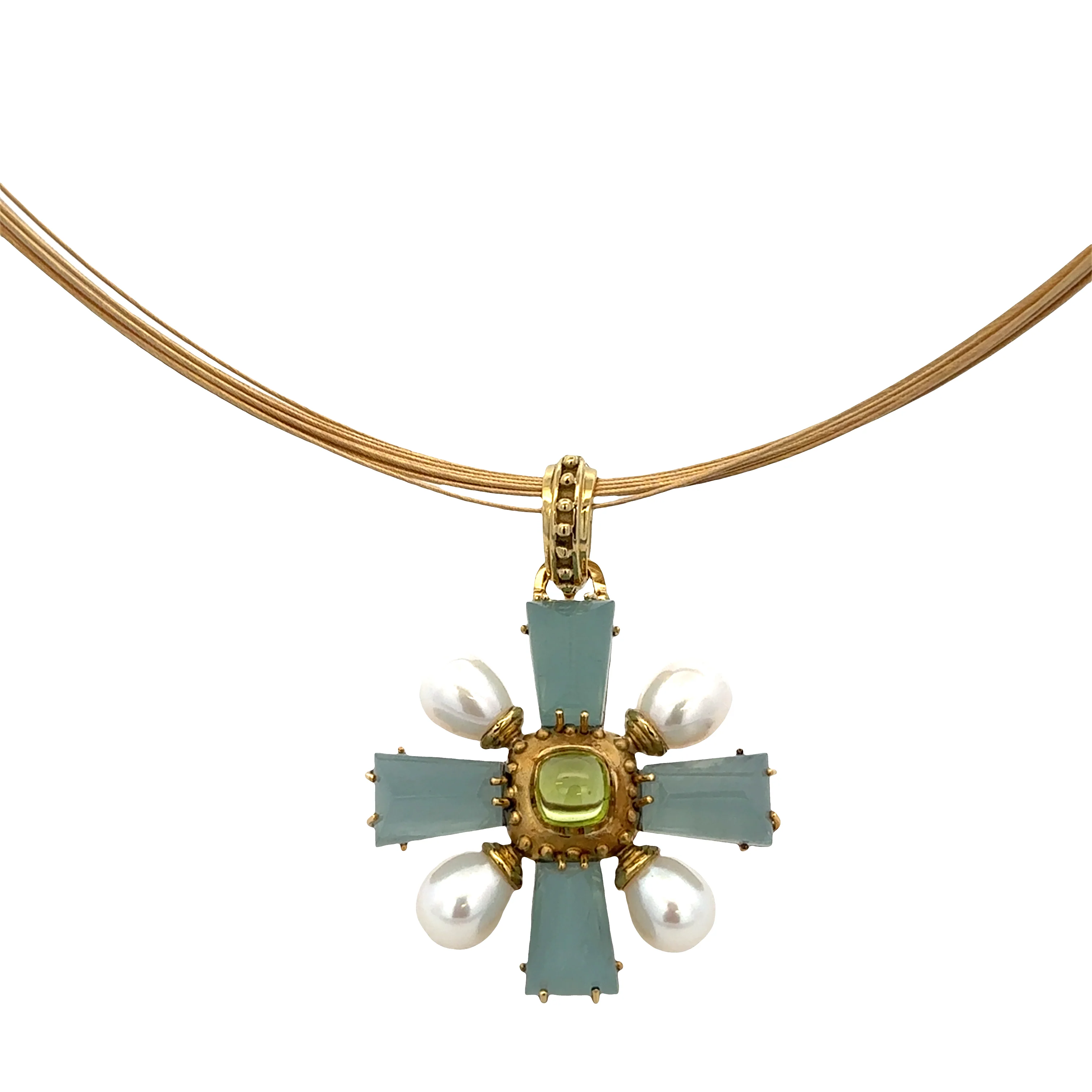 Estate Designer 18k Yellow Gold Aquamarine, Pearl & Peridot Cross Brooch/Pendant Necklace – 16"