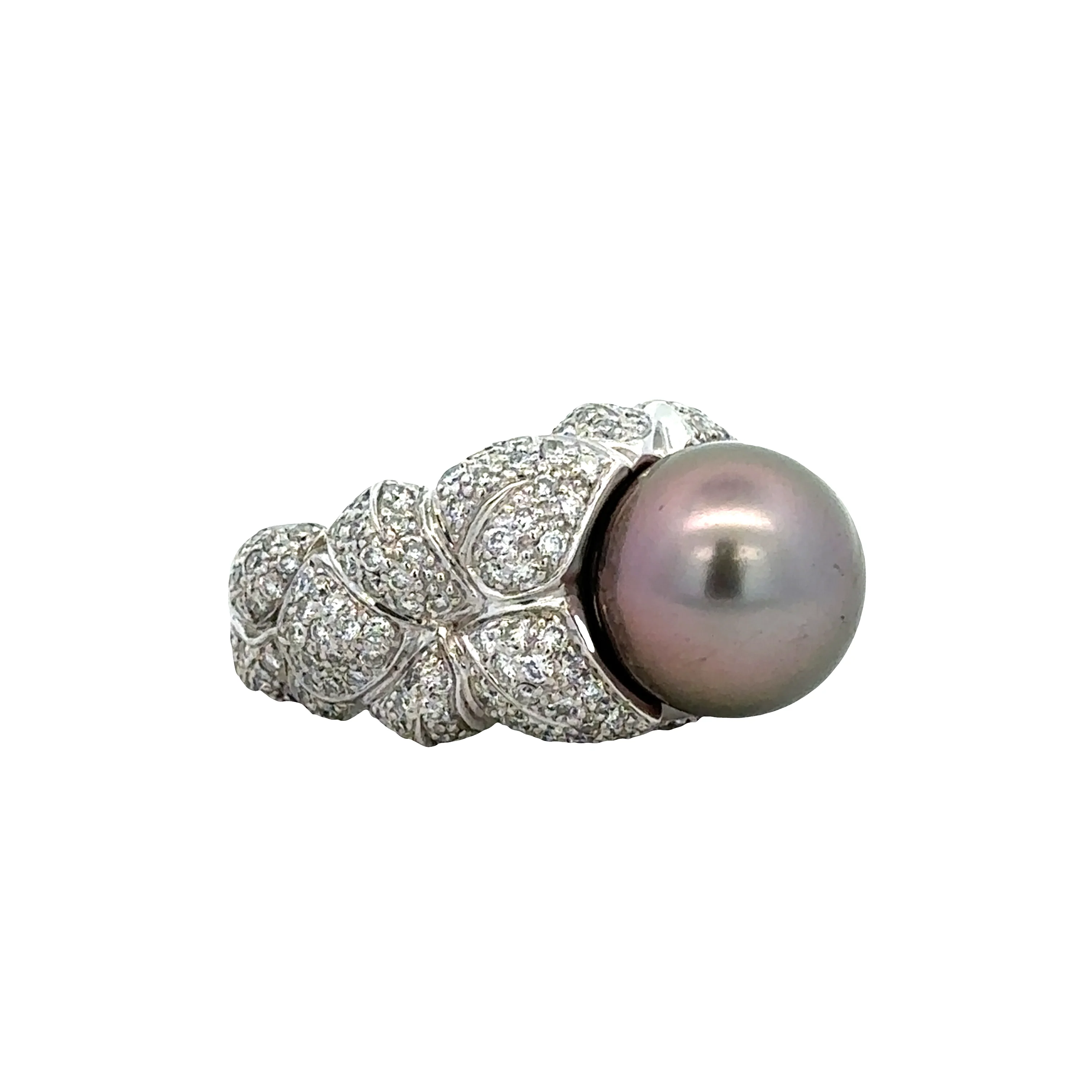 Estate Designer Tahitian Pearl and Diamond Ring in 18k White Gold -- Size 6.5 - Image 2
