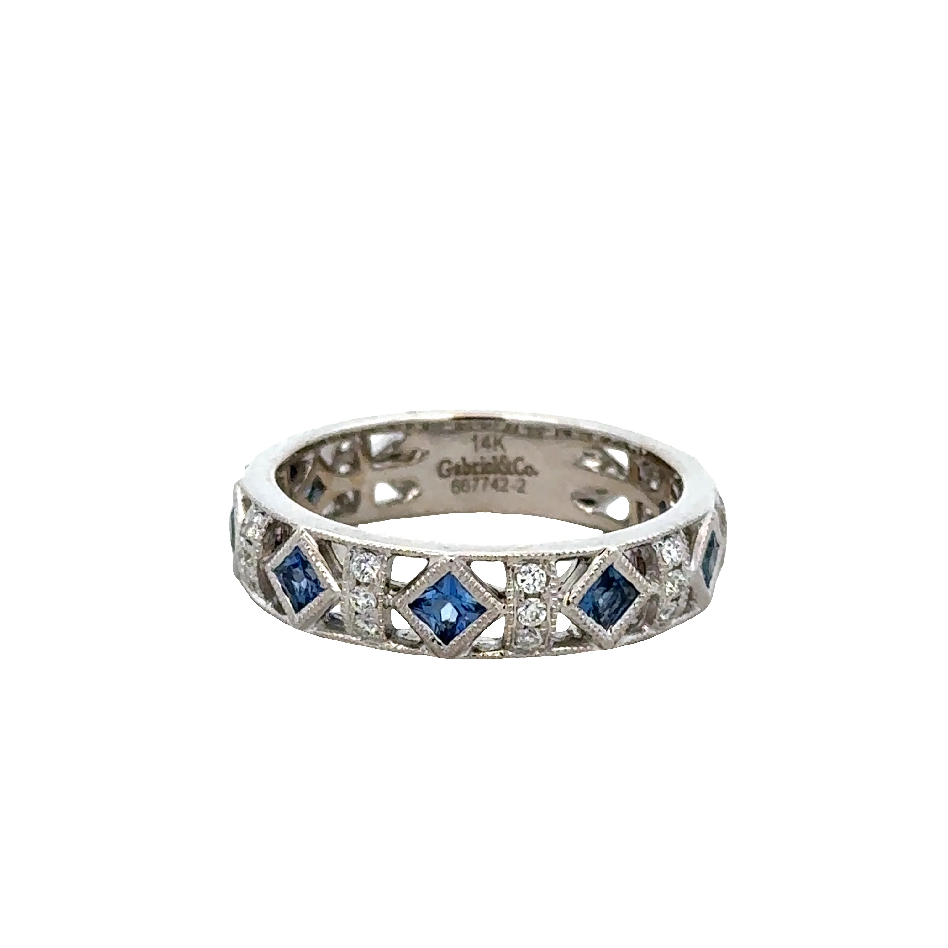 Estate Gabriel & Co. 14k White Gold Sapphire and Diamond Openwork Band – Size 6.25