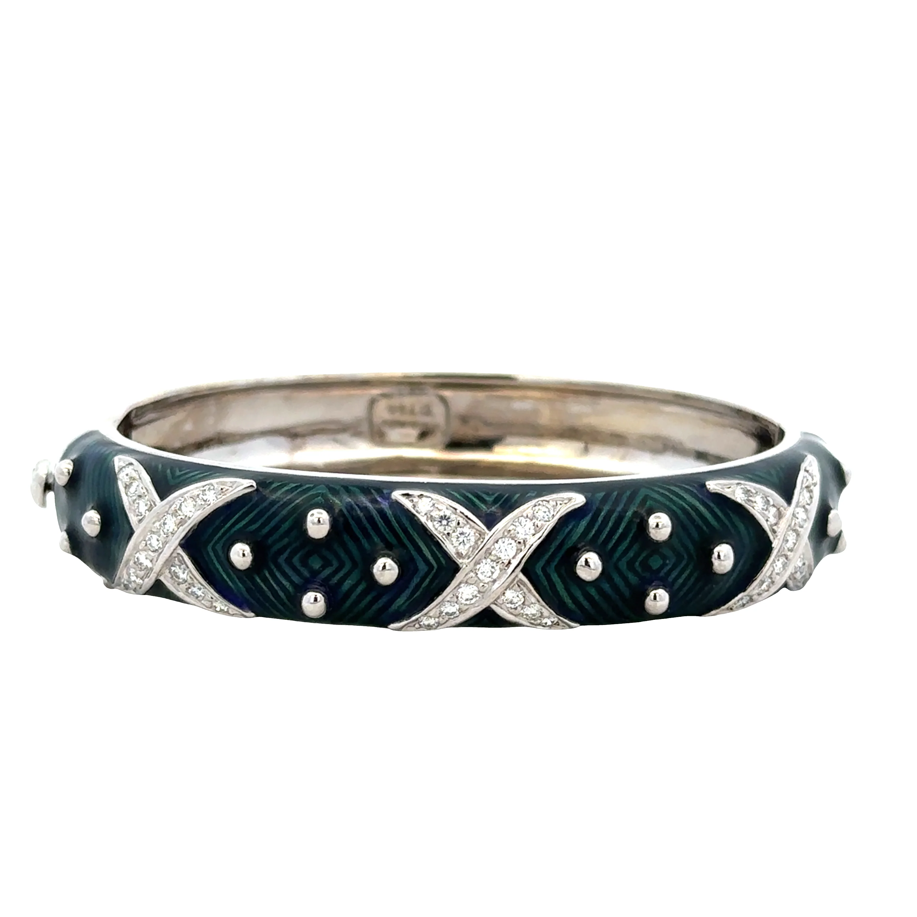Estate Hidalgo 18k White Gold Enamel & Diamond “X” Design Bangle Bracelet – 6" to 6.5" Wrist