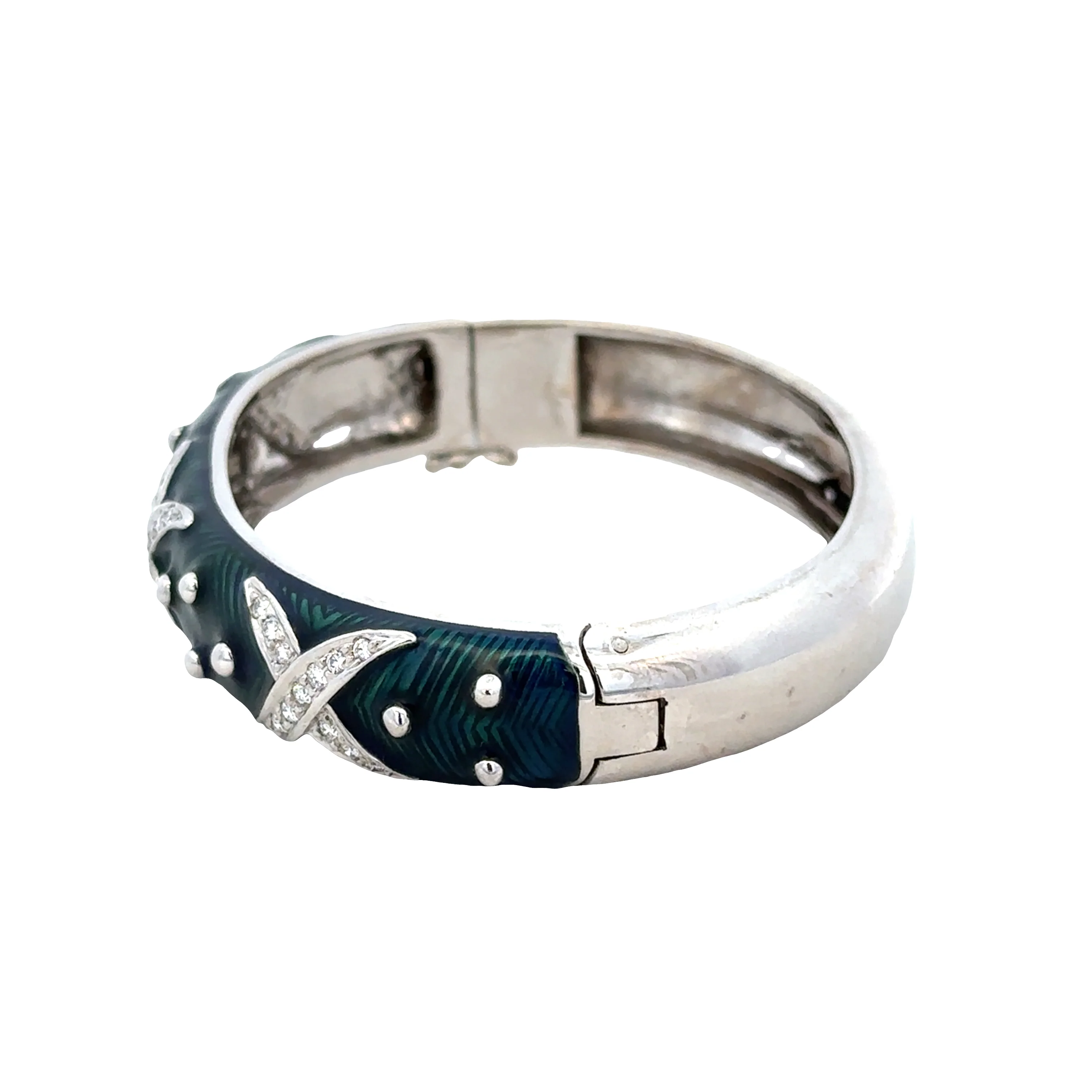 Estate Hidalgo 18k White Gold Enamel & Diamond “X” Design Bangle Bracelet – 6" to 6.5" Wrist - Image 2