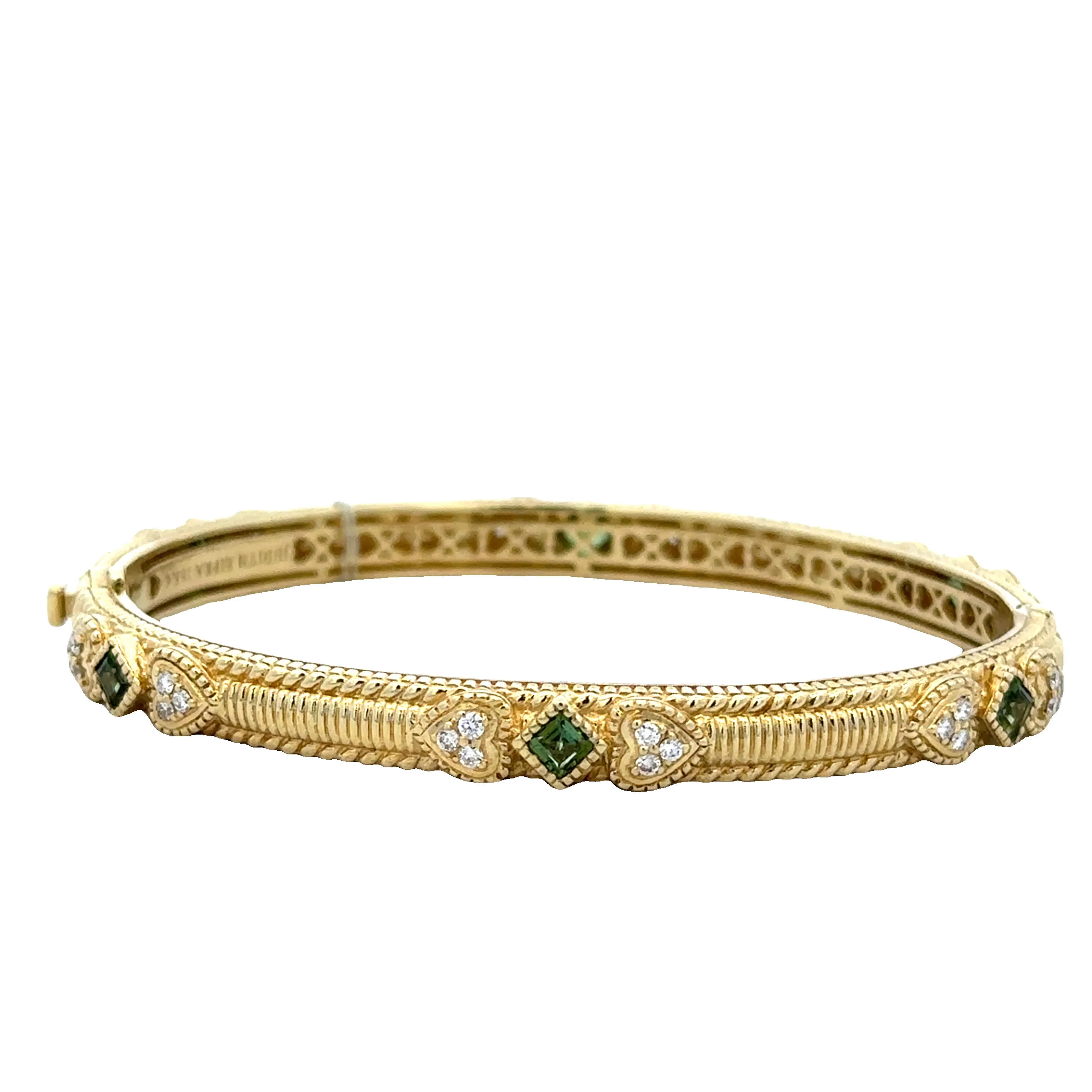 Estate Judith Ripka Green Tourmaline and Diamond Bangle Bracelet in 18k Yellow Gold