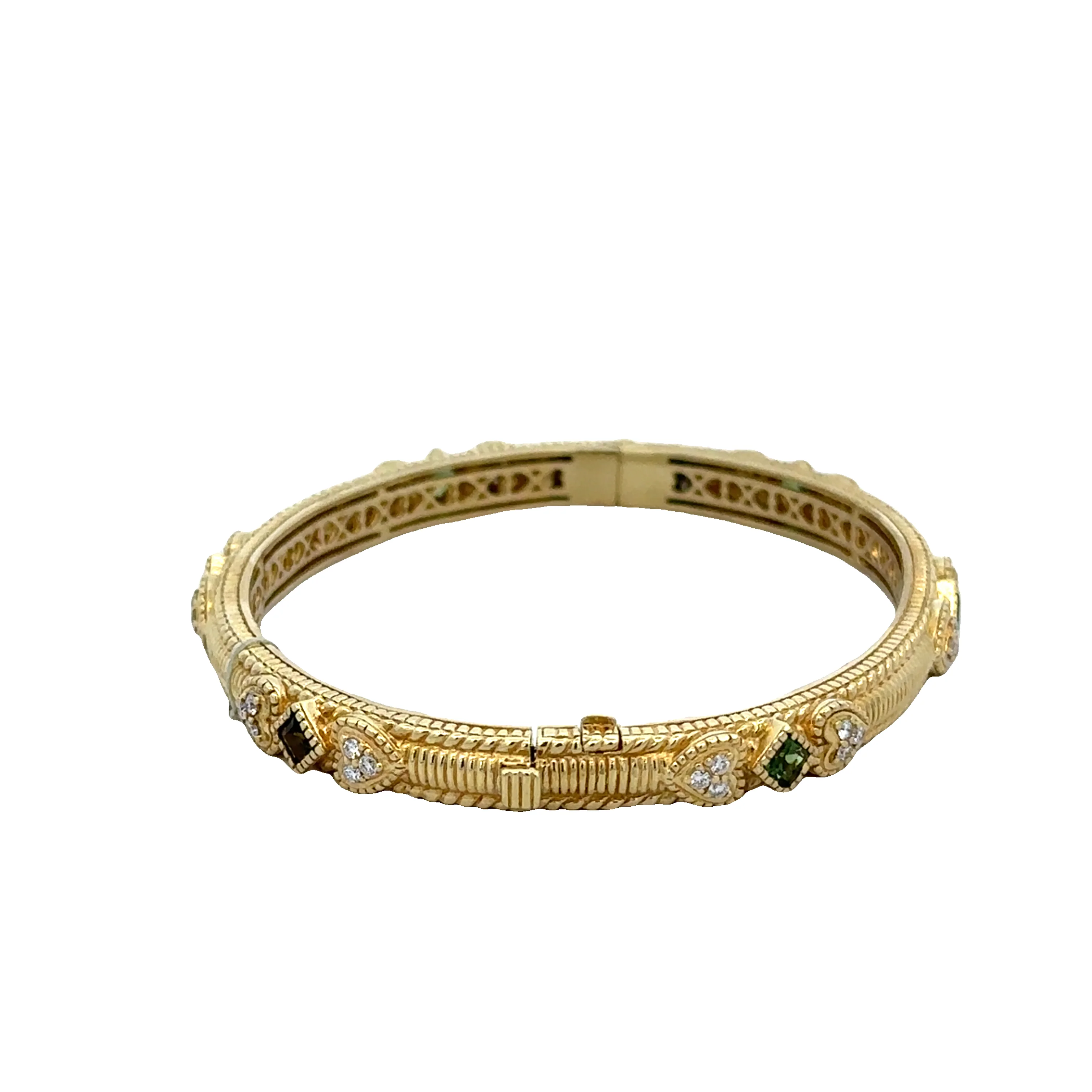 Estate Judith Ripka Green Tourmaline and Diamond Bangle Bracelet in 18k Yellow Gold - Image 2