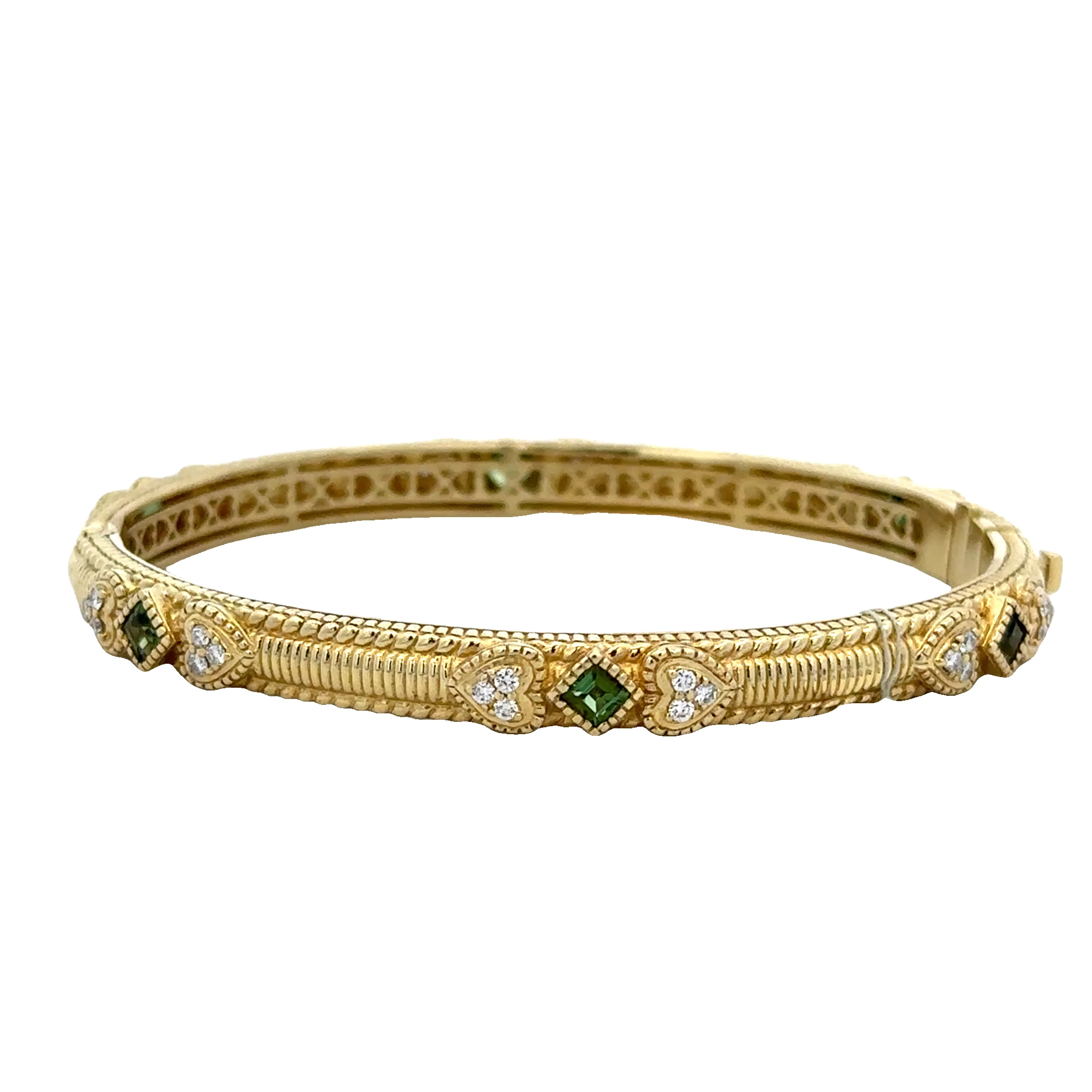 Estate Judith Ripka Green Tourmaline and Diamond Bangle Bracelet in 18k Yellow Gold - Image 3