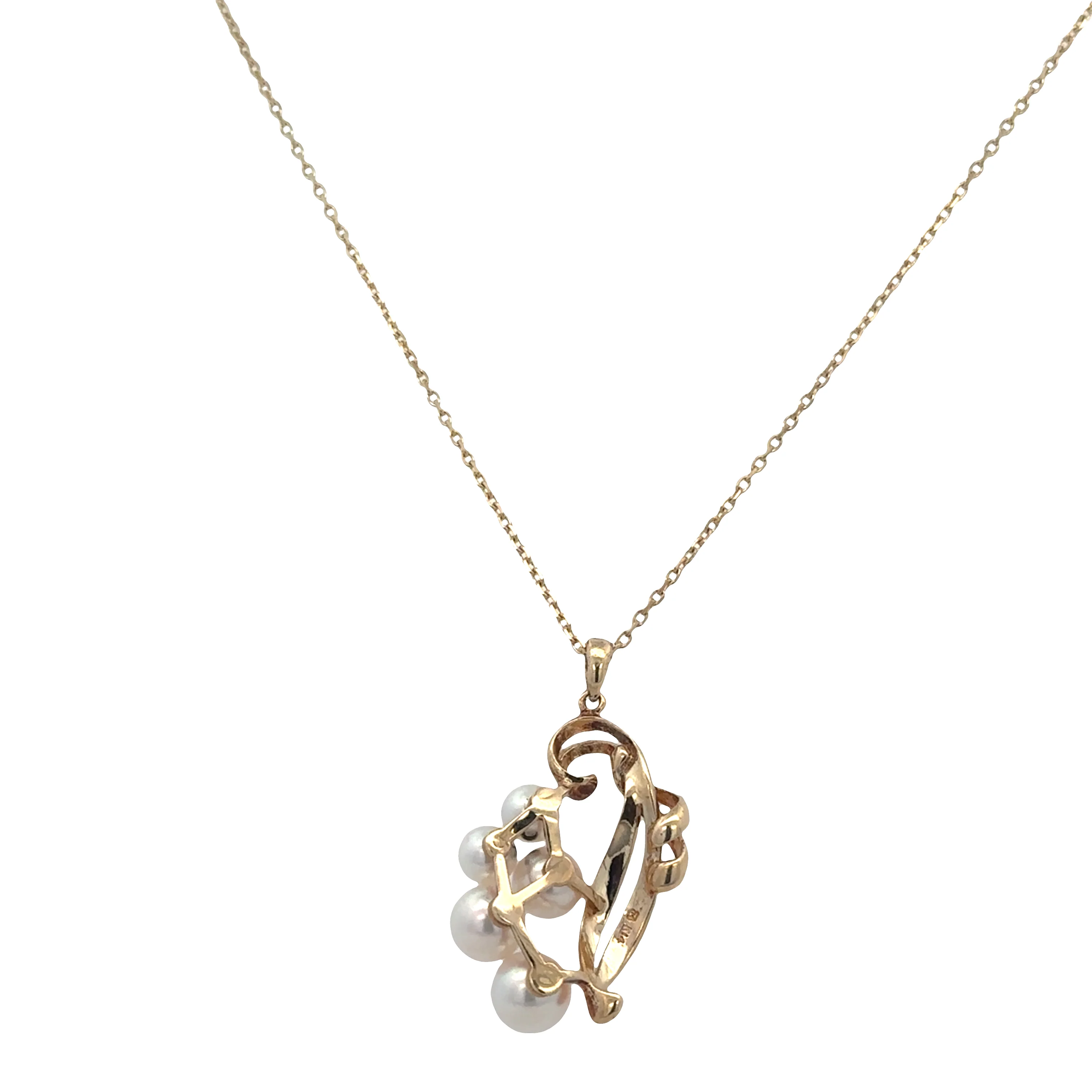 Estate Mikimoto 14k Yellow Gold Akoya Pearl Foliate Pendant Necklace – 16" - Image 2