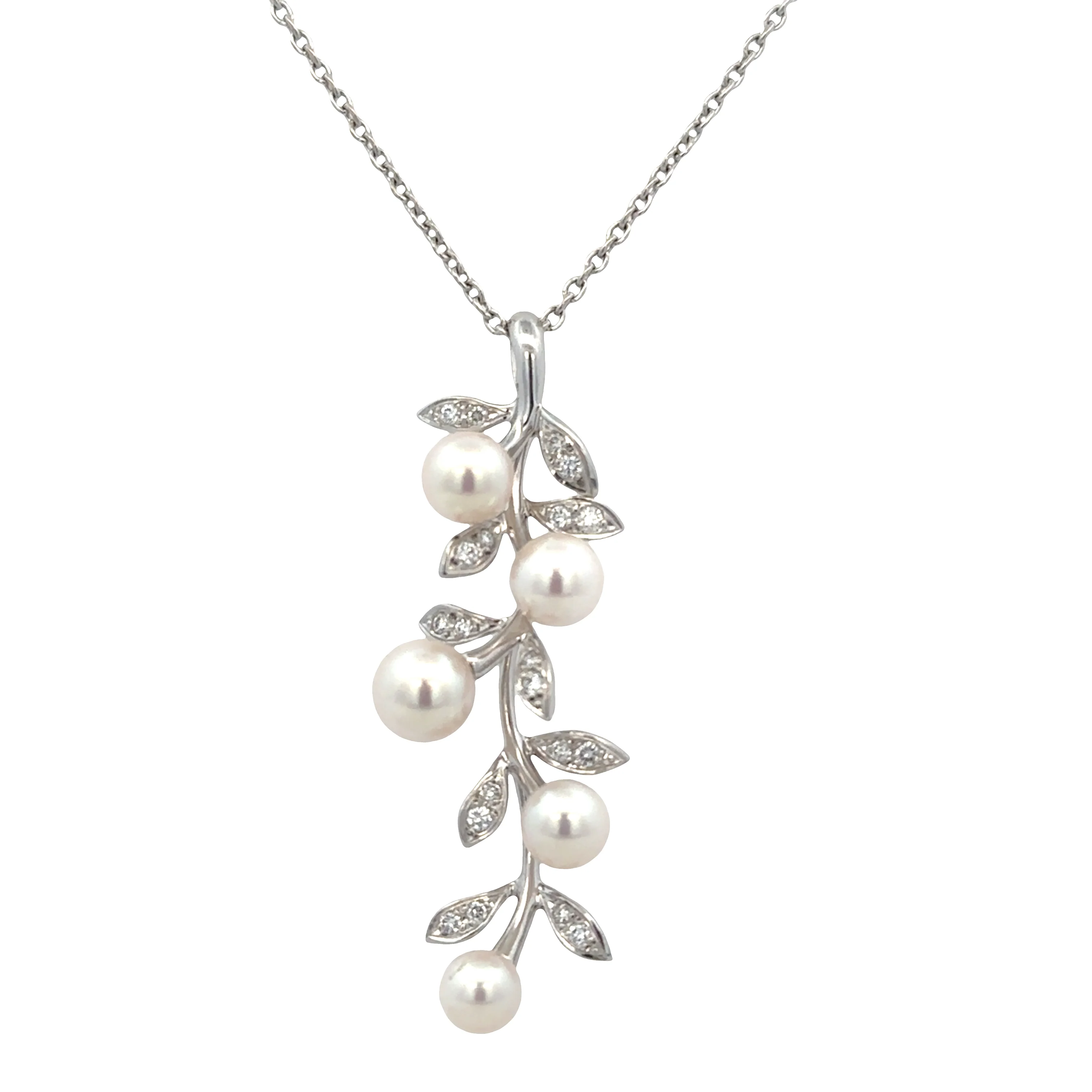 Estate Mikimoto 18k White Gold Pearl & Diamond Foliate Pendant Necklace – Adjustable 17.5"