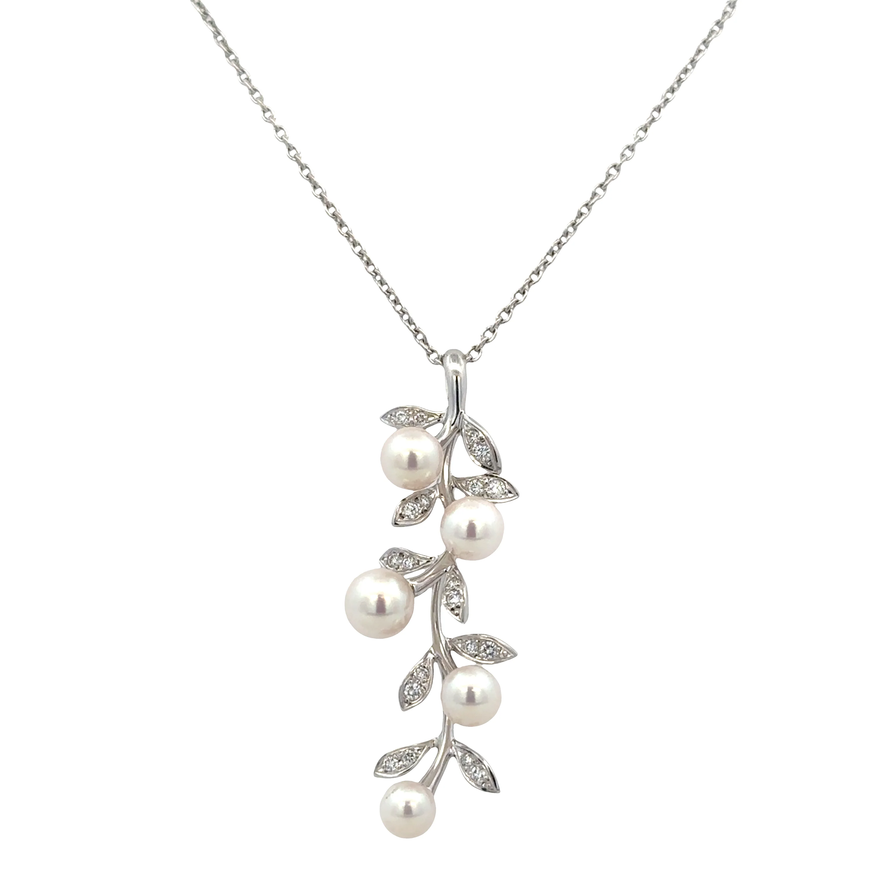 Estate Mikimoto 18k White Gold Pearl & Diamond Foliate Pendant Necklace – Adjustable 17.5" - Image 2