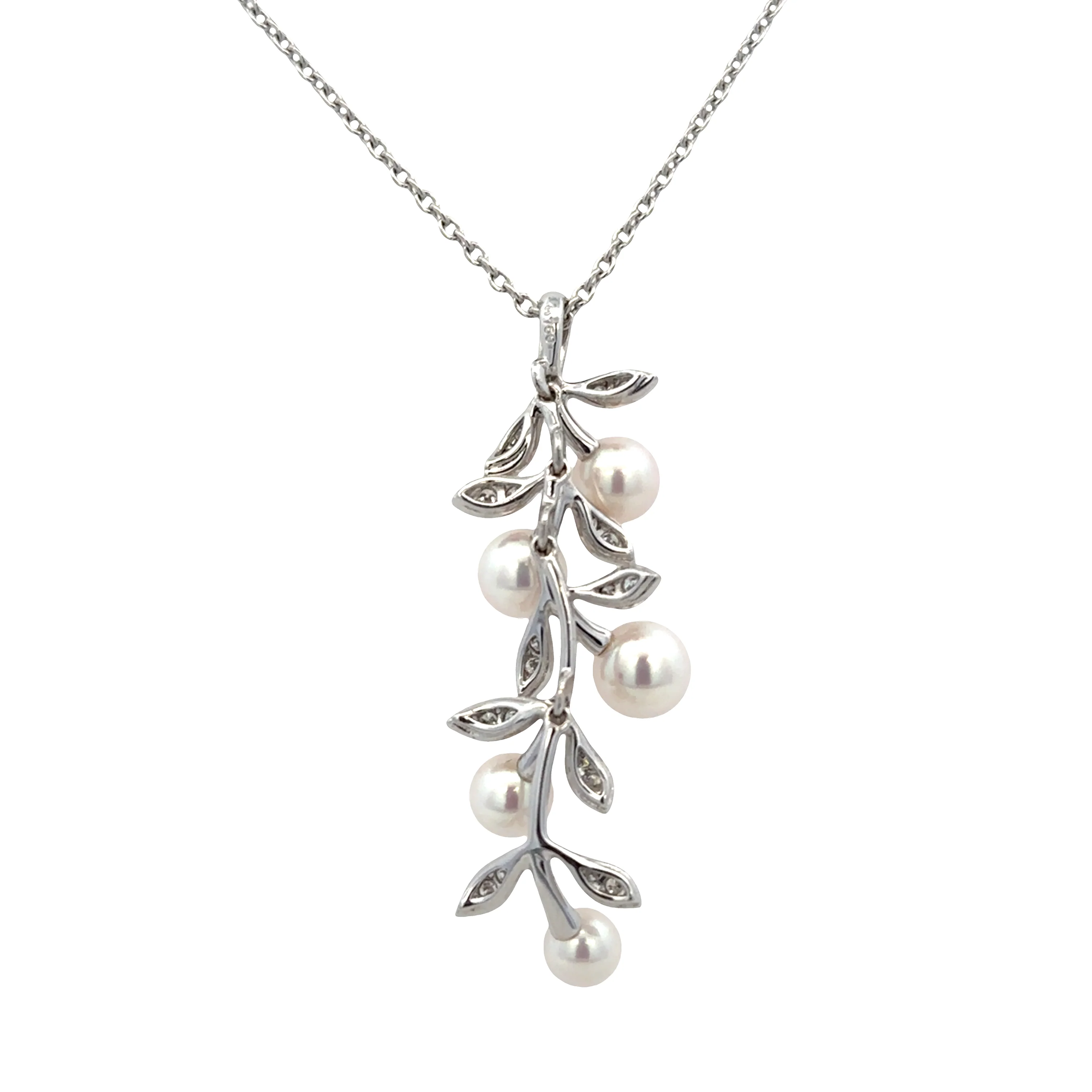 Estate Mikimoto 18k White Gold Pearl & Diamond Foliate Pendant Necklace – Adjustable 17.5" - Image 3