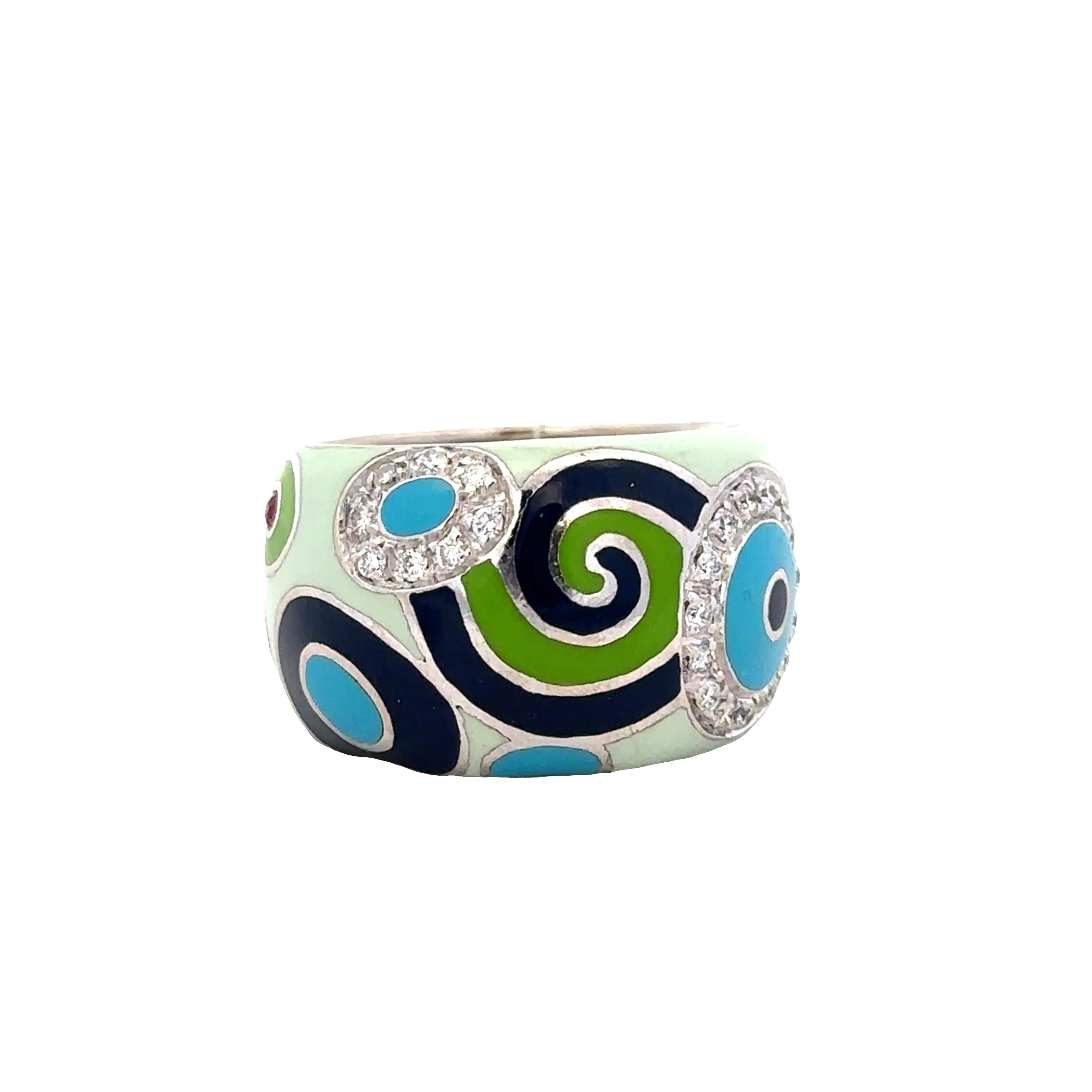 Estate Roberto Coin 18k White Gold Enamel & Diamond Pop Art Band Ring – Size 6.5