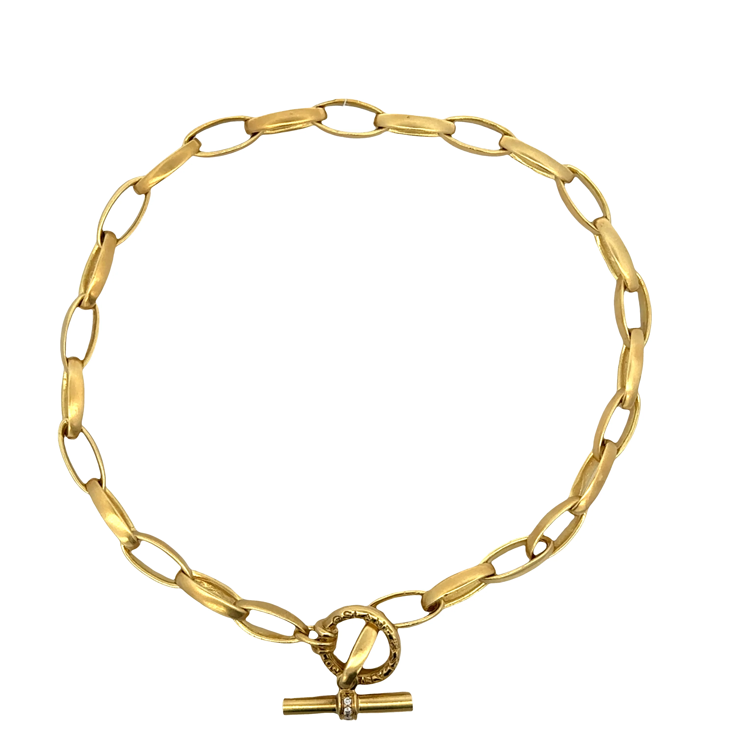 Estate Slane & Slane 18k Yellow Gold 16" Brushed Oval Link Toggle Necklace with Diamond Accented Clasp