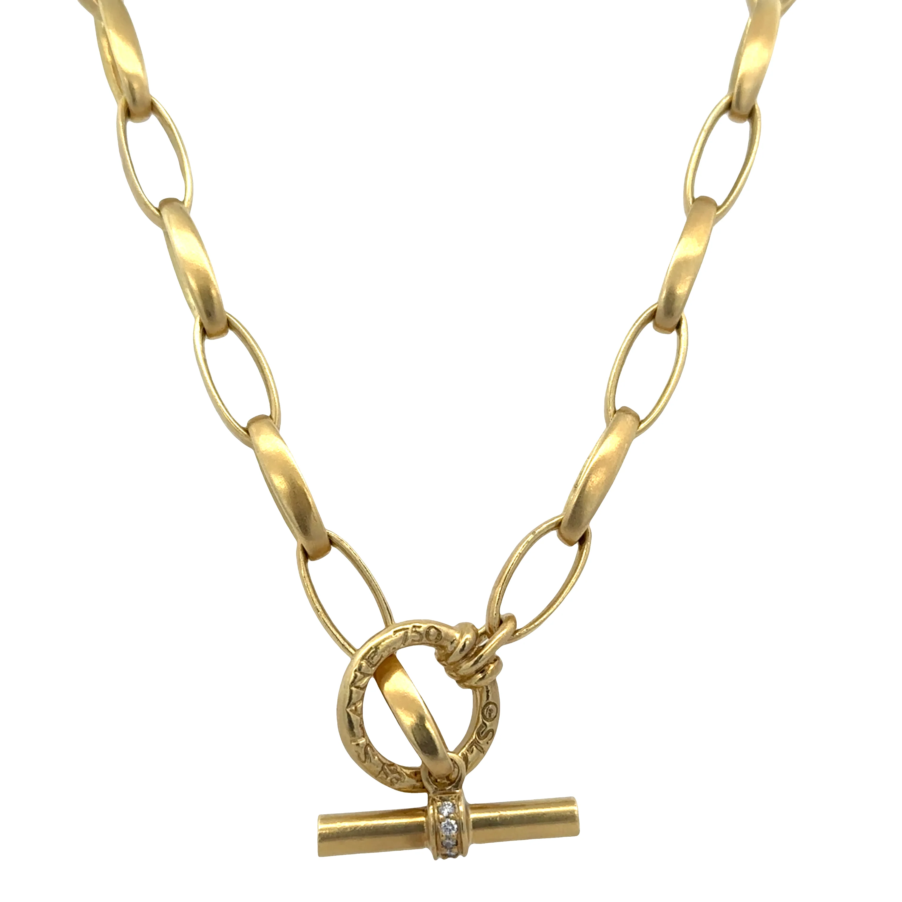 Estate Slane & Slane 18k Yellow Gold 16" Brushed Oval Link Toggle Necklace with Diamond Accented Clasp - Image 2