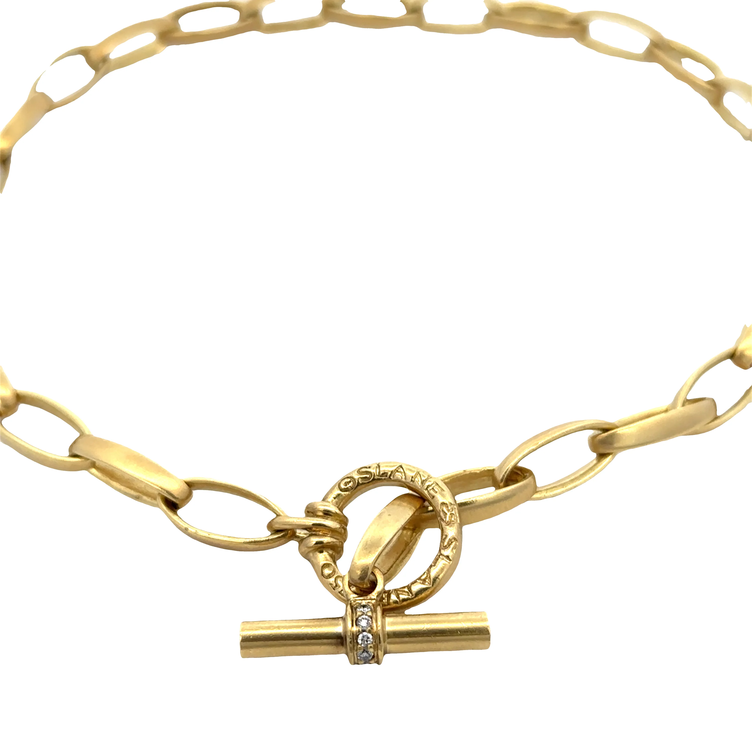 Estate Slane & Slane 18k Yellow Gold 16" Brushed Oval Link Toggle Necklace with Diamond Accented Clasp - Image 3