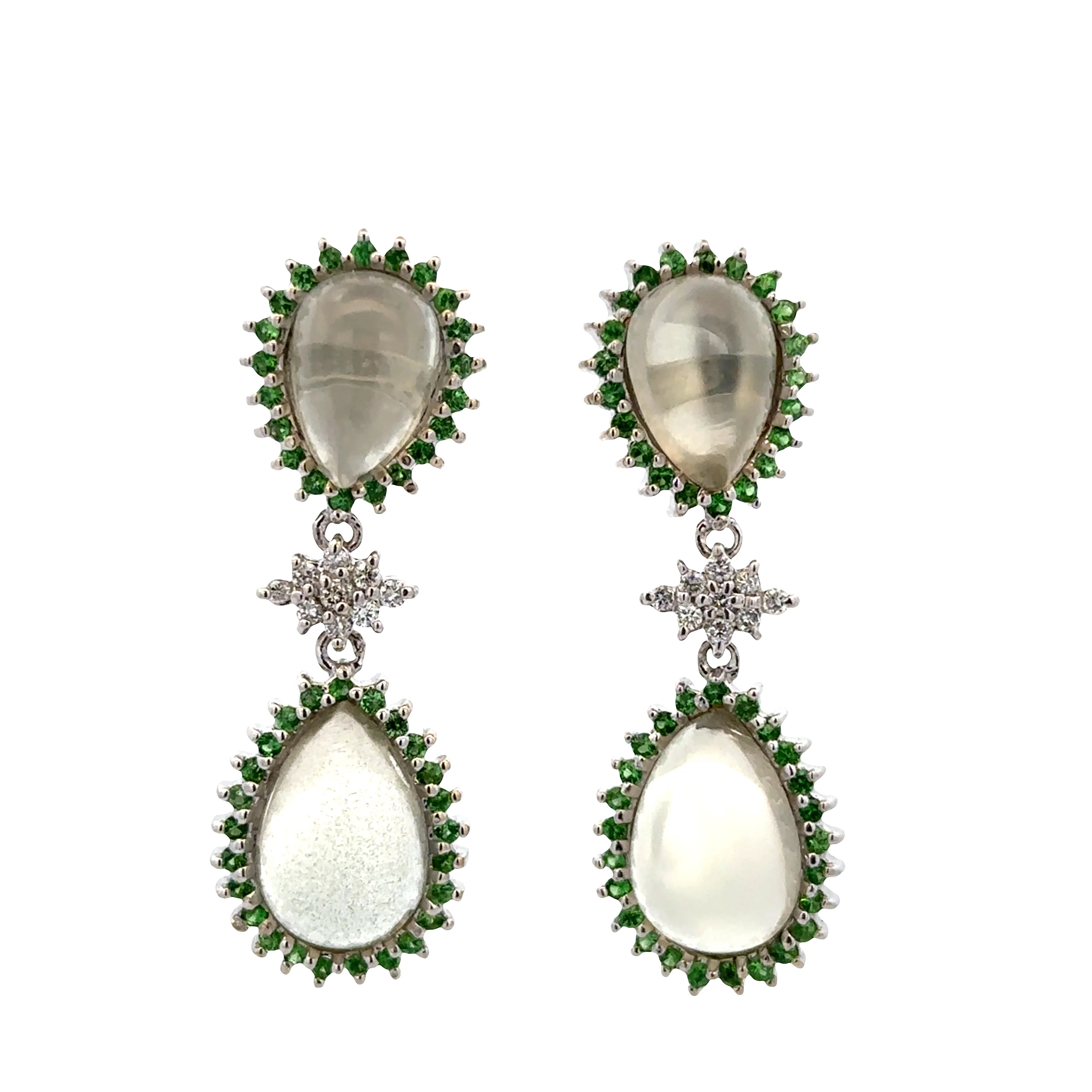Estate Sonia B 14k White Gold Moonstone, Tsavorite & Diamond Drop Earrings – 1 1/2" Tall
