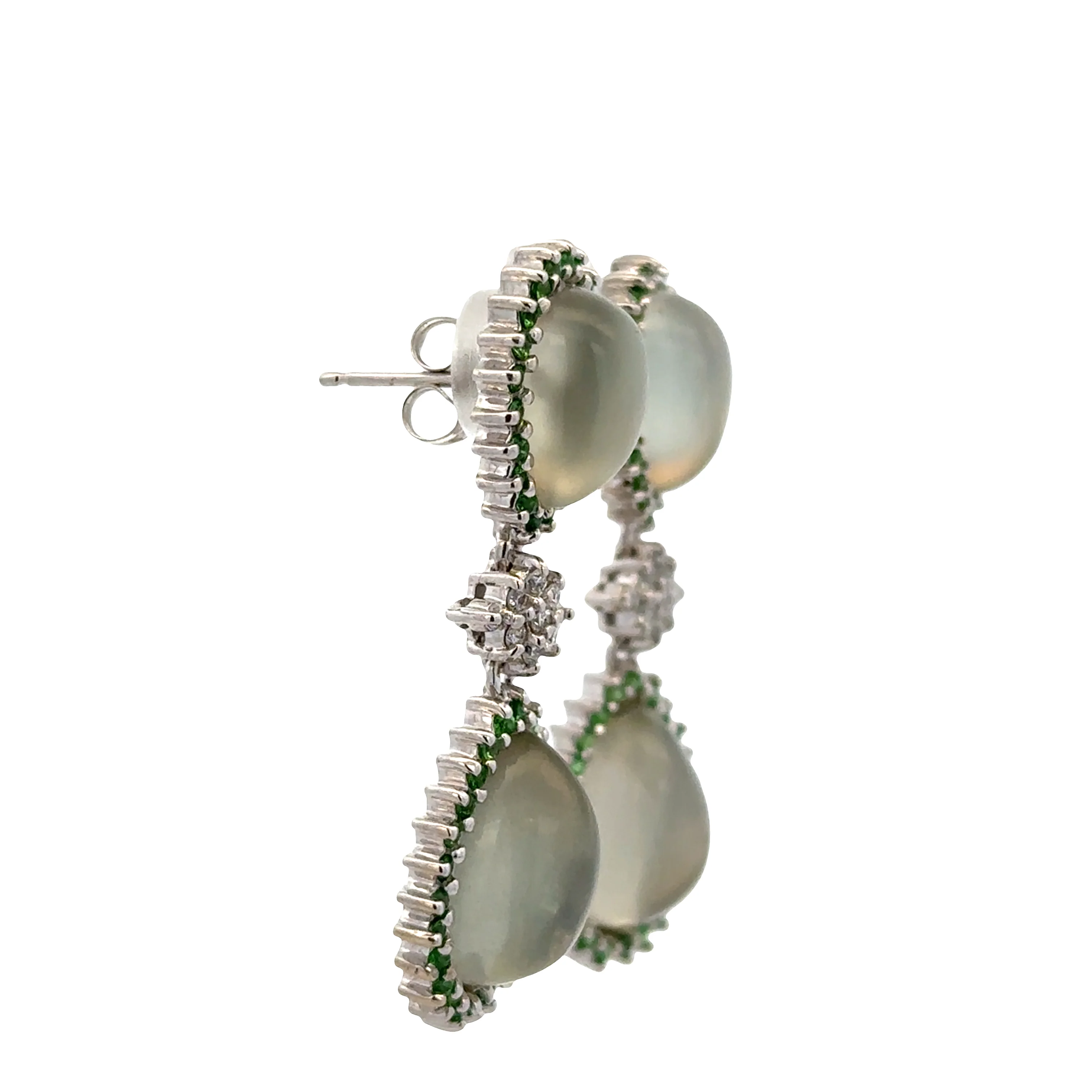 Estate Sonia B 14k White Gold Moonstone, Tsavorite & Diamond Drop Earrings – 1 1/2" Tall - Image 2