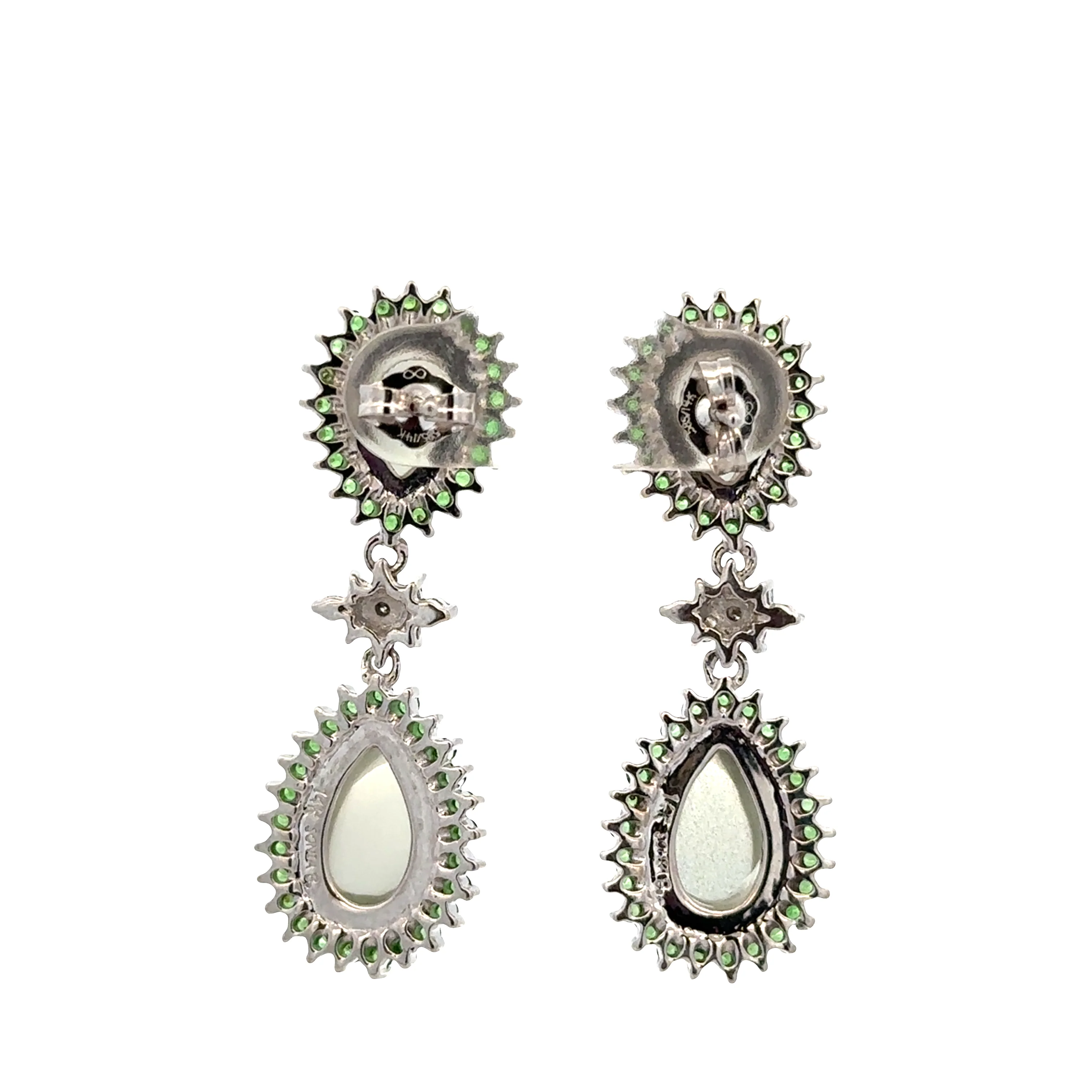 Estate Sonia B 14k White Gold Moonstone, Tsavorite & Diamond Drop Earrings – 1 1/2" Tall - Image 3