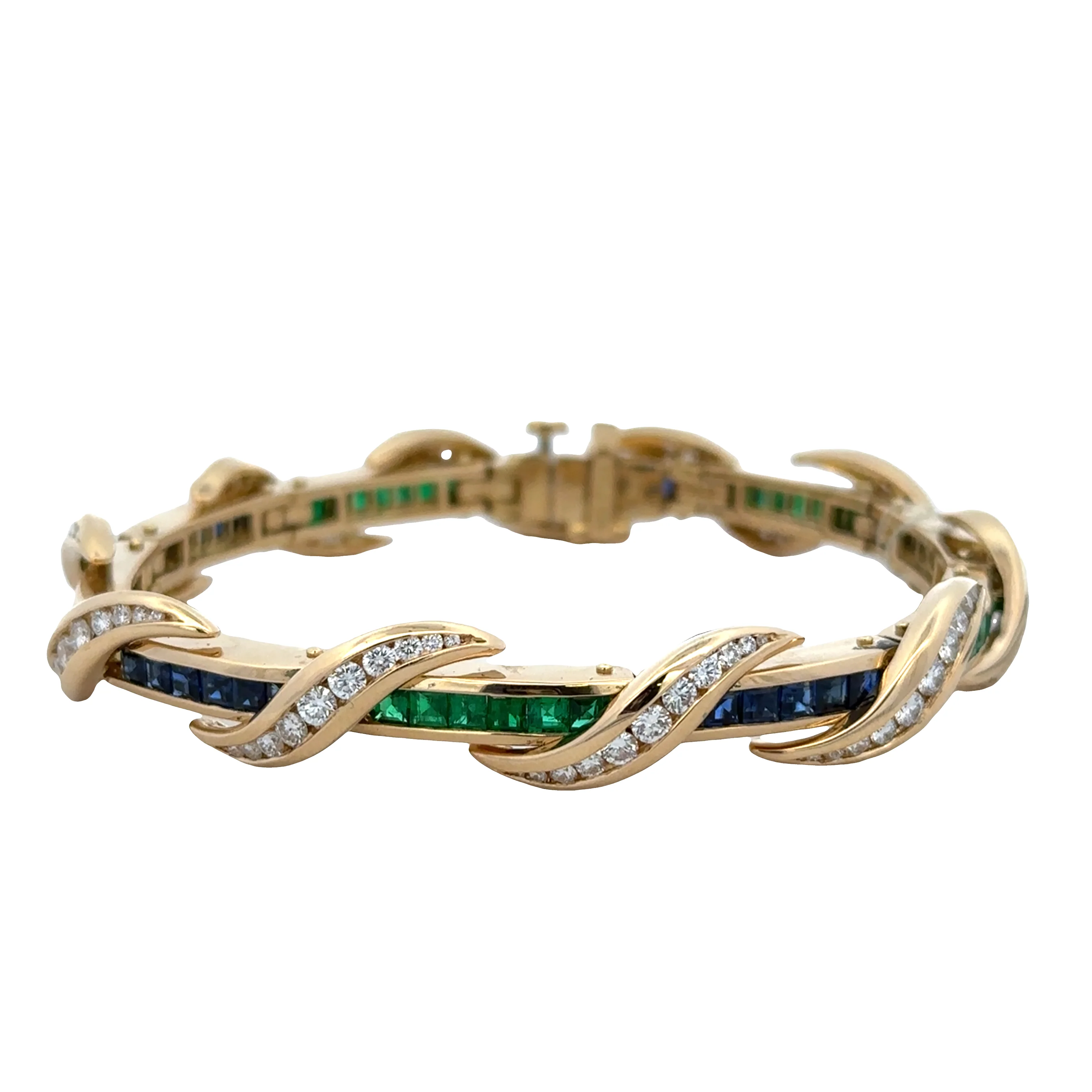 Estate Vintage 18k Yellow Gold Charles Krypell Emerald, Sapphire & Diamond Bracelet – 7"