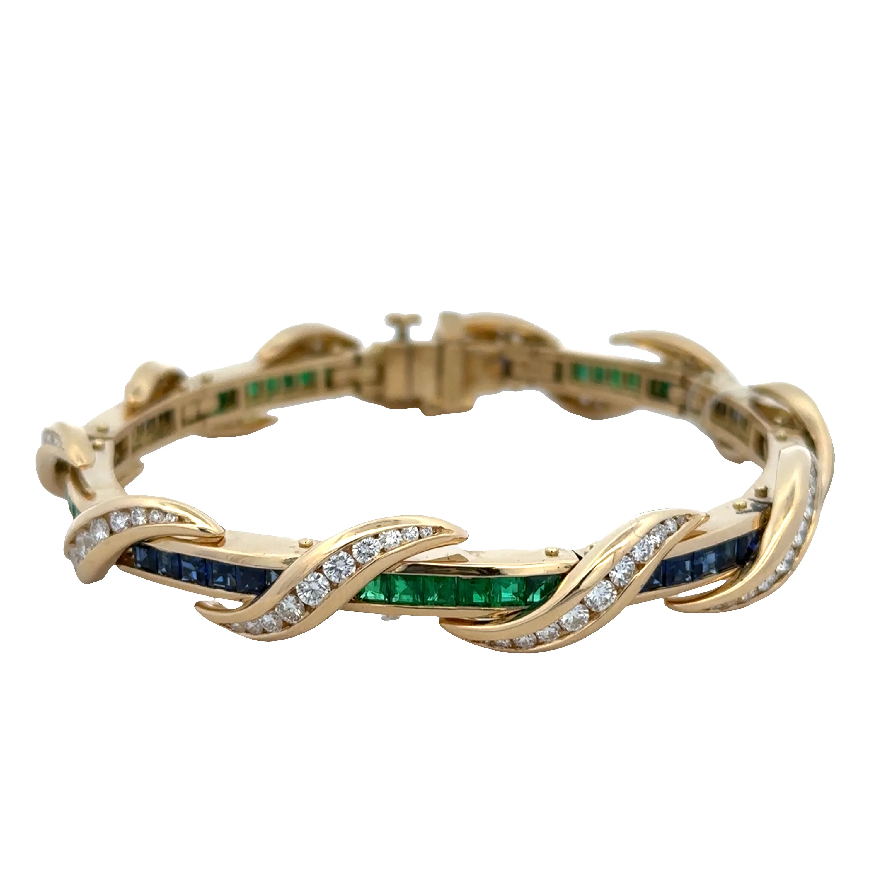 Estate Vintage 18k Yellow Gold Charles Krypell Emerald, Sapphire & Diamond Bracelet – 7" - Image 2
