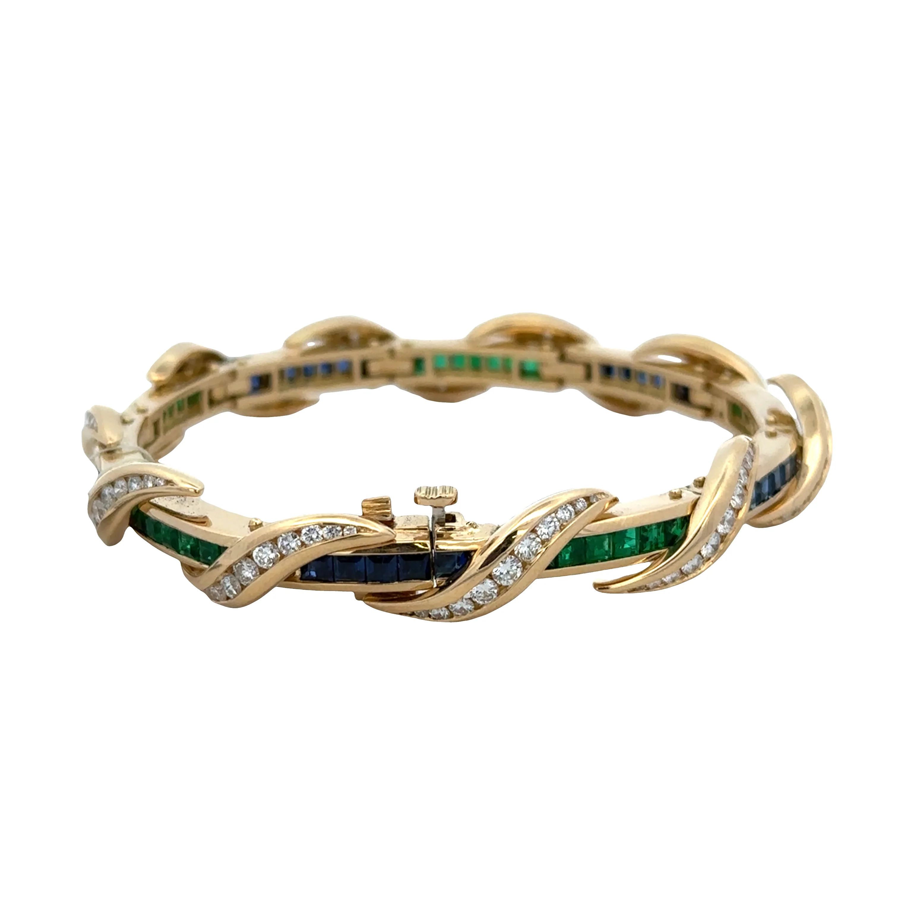 Estate Vintage 18k Yellow Gold Charles Krypell Emerald, Sapphire & Diamond Bracelet – 7" - Image 3