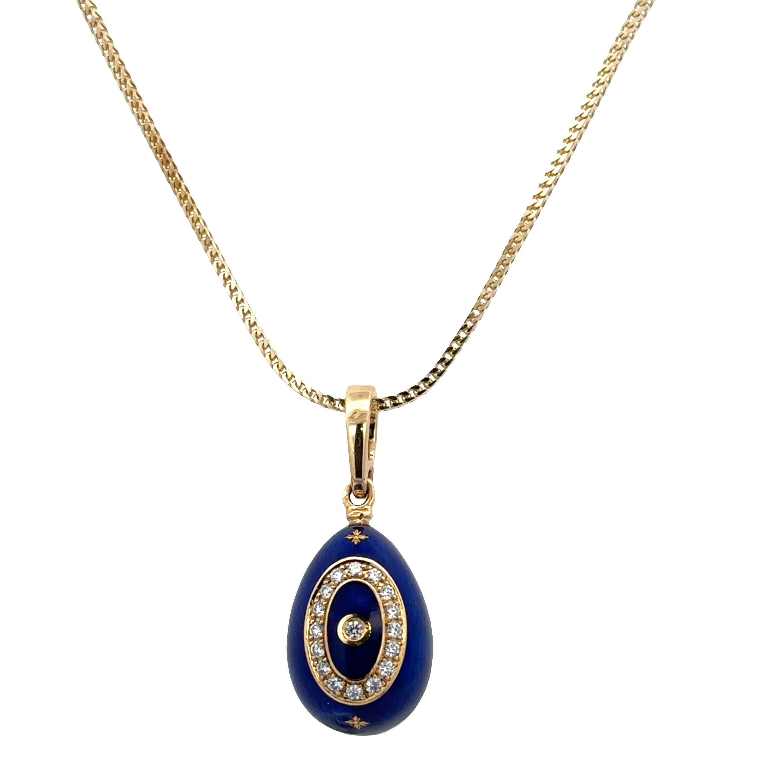 Fabergé 14k Yellow Gold Blue Enamel Egg & Diamond Pendant Necklace – 18"