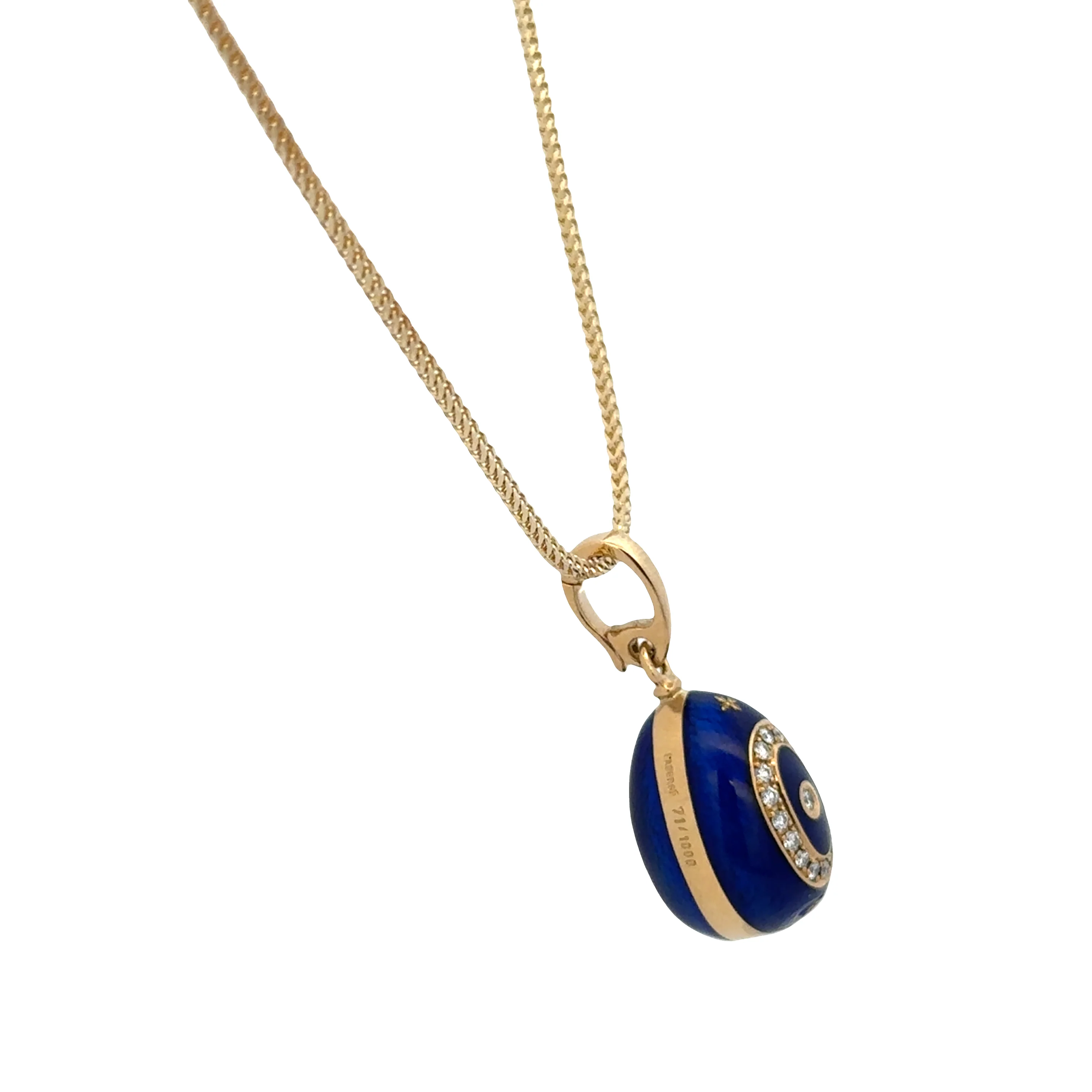 Fabergé 14k Yellow Gold Blue Enamel Egg & Diamond Pendant Necklace – 18" - Image 2