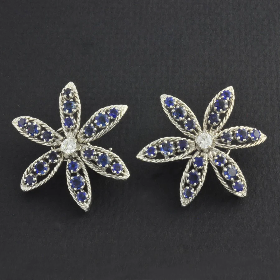 Vintage 18k & 14k White Gold Sapphire & Diamond Floral Earrings – Circa 1950s