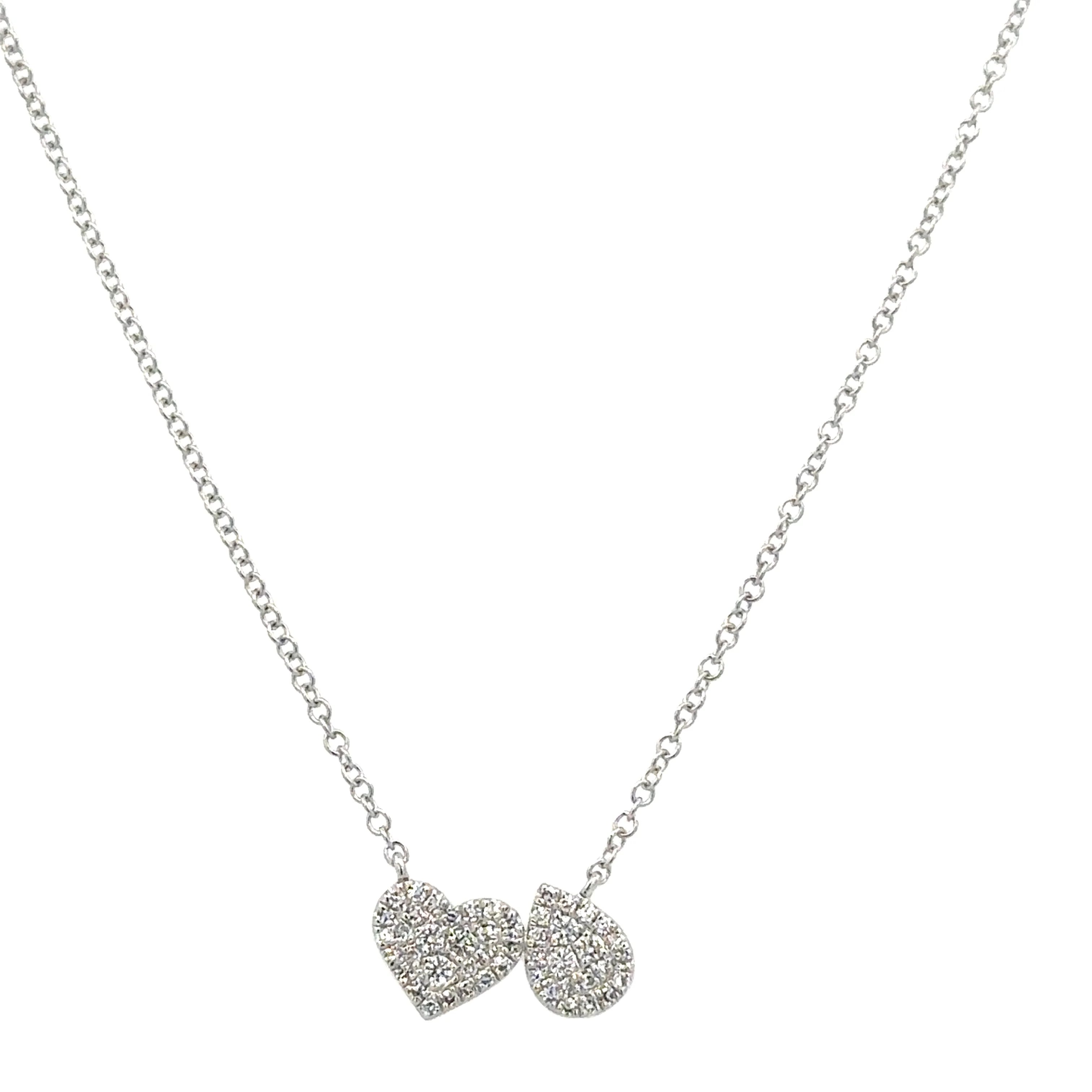 Pave Set Heart and Pear Necklace in White Gold