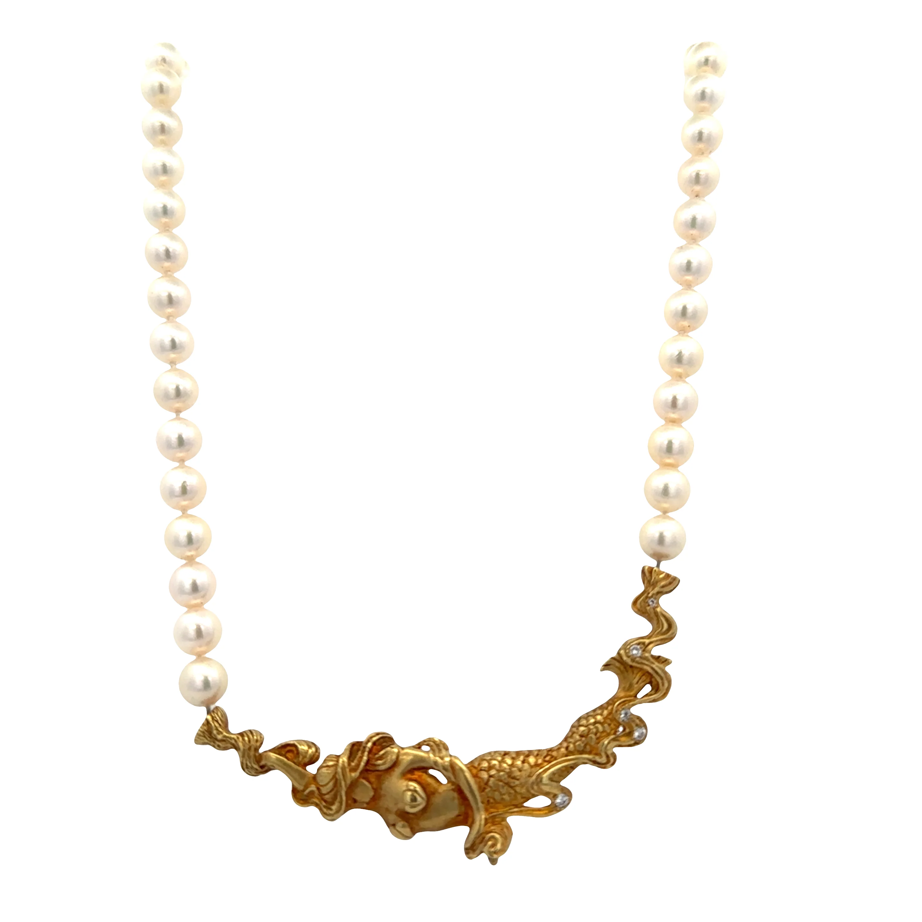 Pearl Necklace with 18k Yellow Gold Mermaid & Diamond Centerpiece – 16" - Image 2