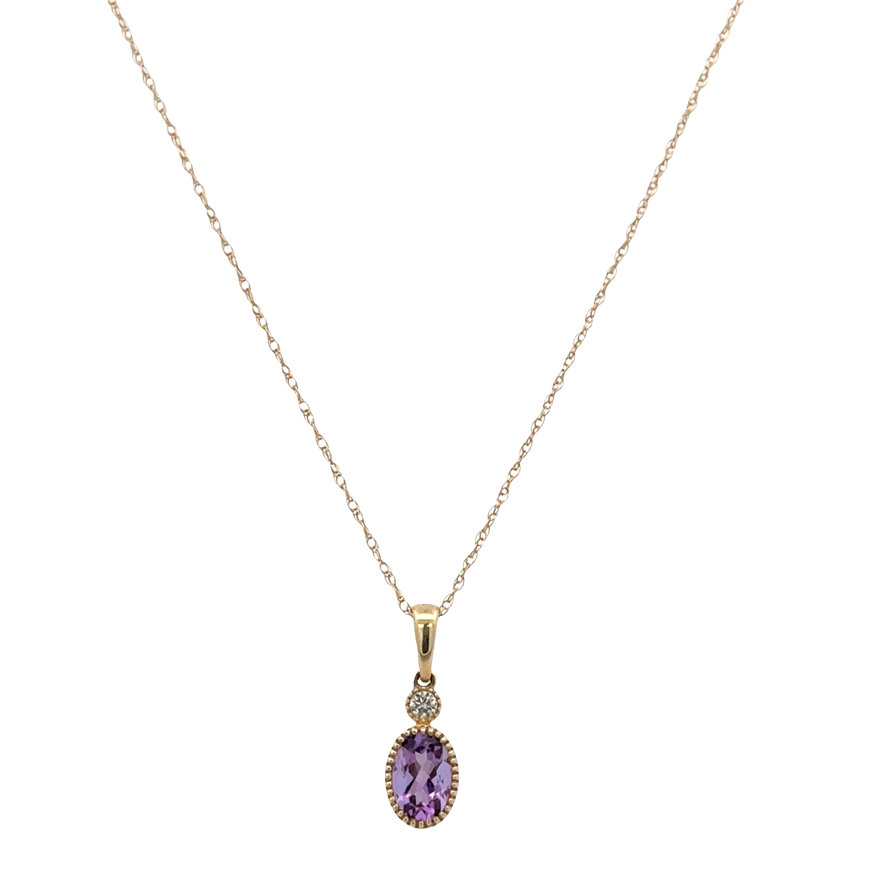 Petite 14k Yellow Gold Amethyst & Diamond Pendant Necklace