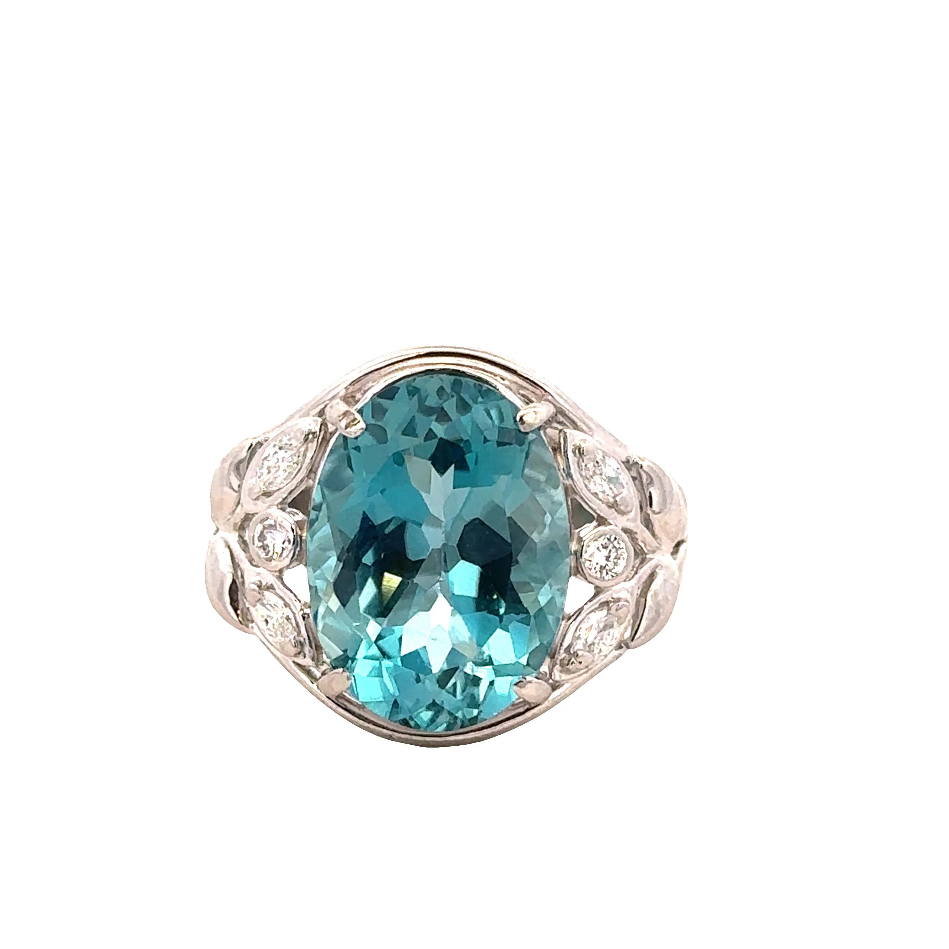 Platinum Blue Zircon and Diamond Foliate Ring – Size 9.5